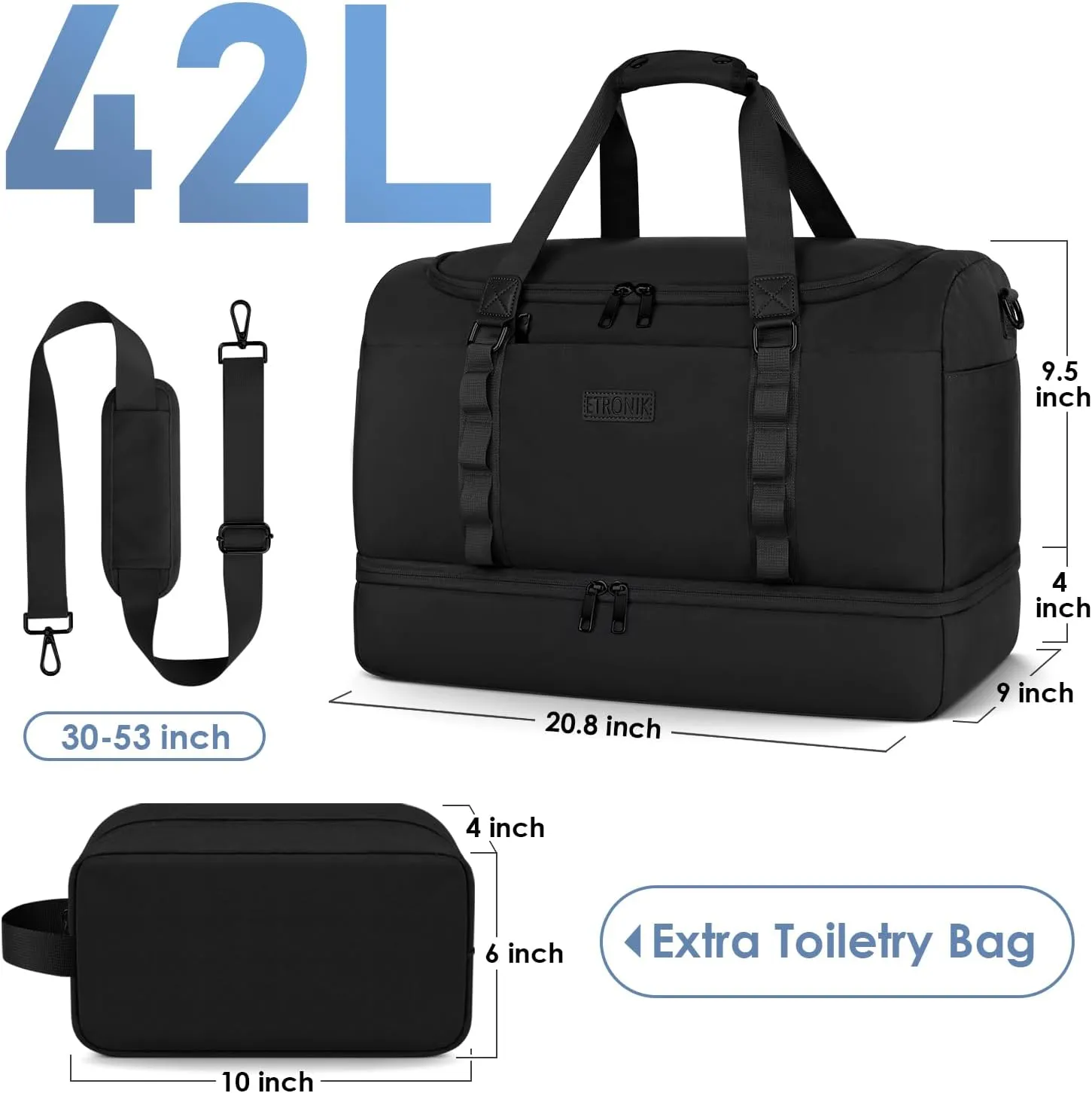 ETRONIK Travel Bag for Men Women, Duffle Bag & Gym Bag with Shoe Compartment, Weekender Overnight Bag with Toiletry Bag, Carry on Bags for Airplane for Travel, Trip, Gym, Yoga, Black