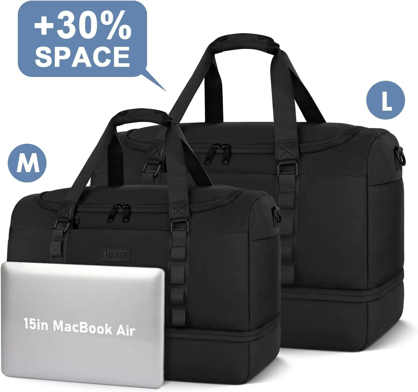 ETRONIK Travel Bag for Men Women, Duffle Bag & Gym Bag with Shoe Compartment, Weekender Overnight Bag with Toiletry Bag, Carry on Bags for Airplane for Travel, Trip, Gym, Yoga, Black