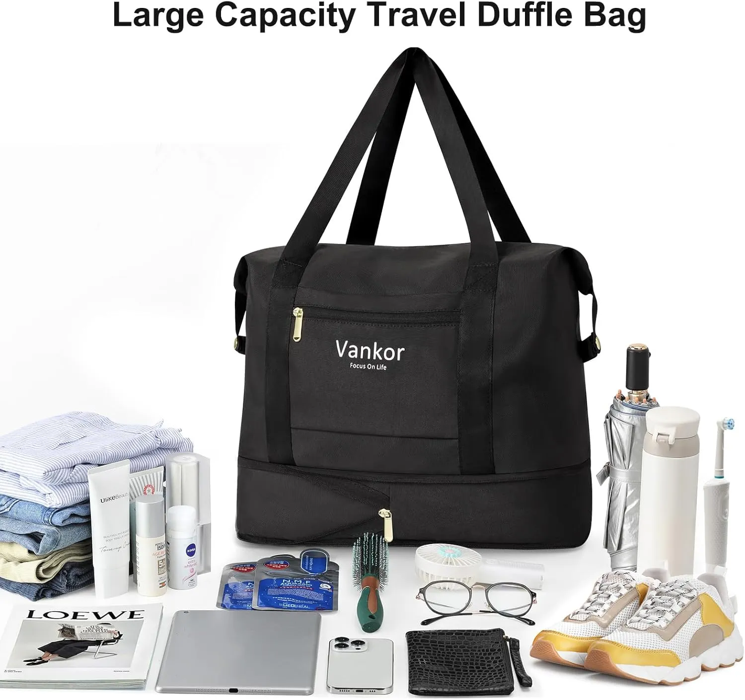 Expandable Travel Duffle Bag for Travel, Foldable Carry on Tote Bag Weekender Overnight Hosptital Bag for Men Women Lightweight Luggage Maternity Bag Black