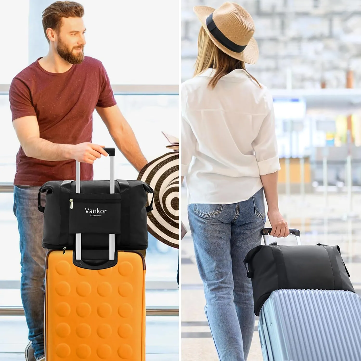 Expandable Travel Duffle Bag for Travel, Foldable Carry on Tote Bag Weekender Overnight Hosptital Bag for Men Women Lightweight Luggage Maternity Bag Black