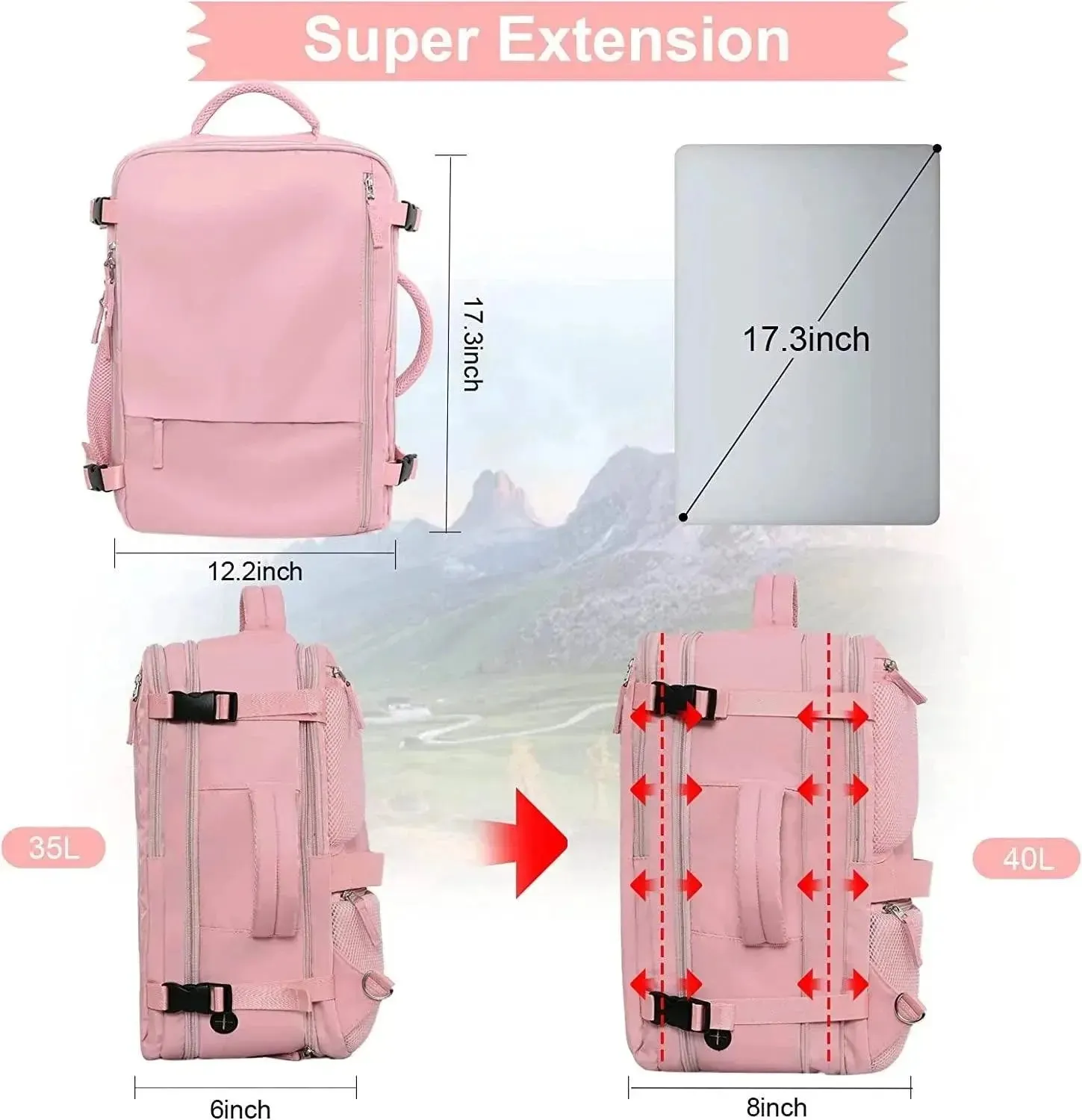 Extra Large Travel Backpack for Women as Person Item Flight Approved, 40L Carry on Backpack, 17 Inch Laptop Backpack, Waterproof Backpack, Hiking Backpack, Casual Bag Backpack(Pink)