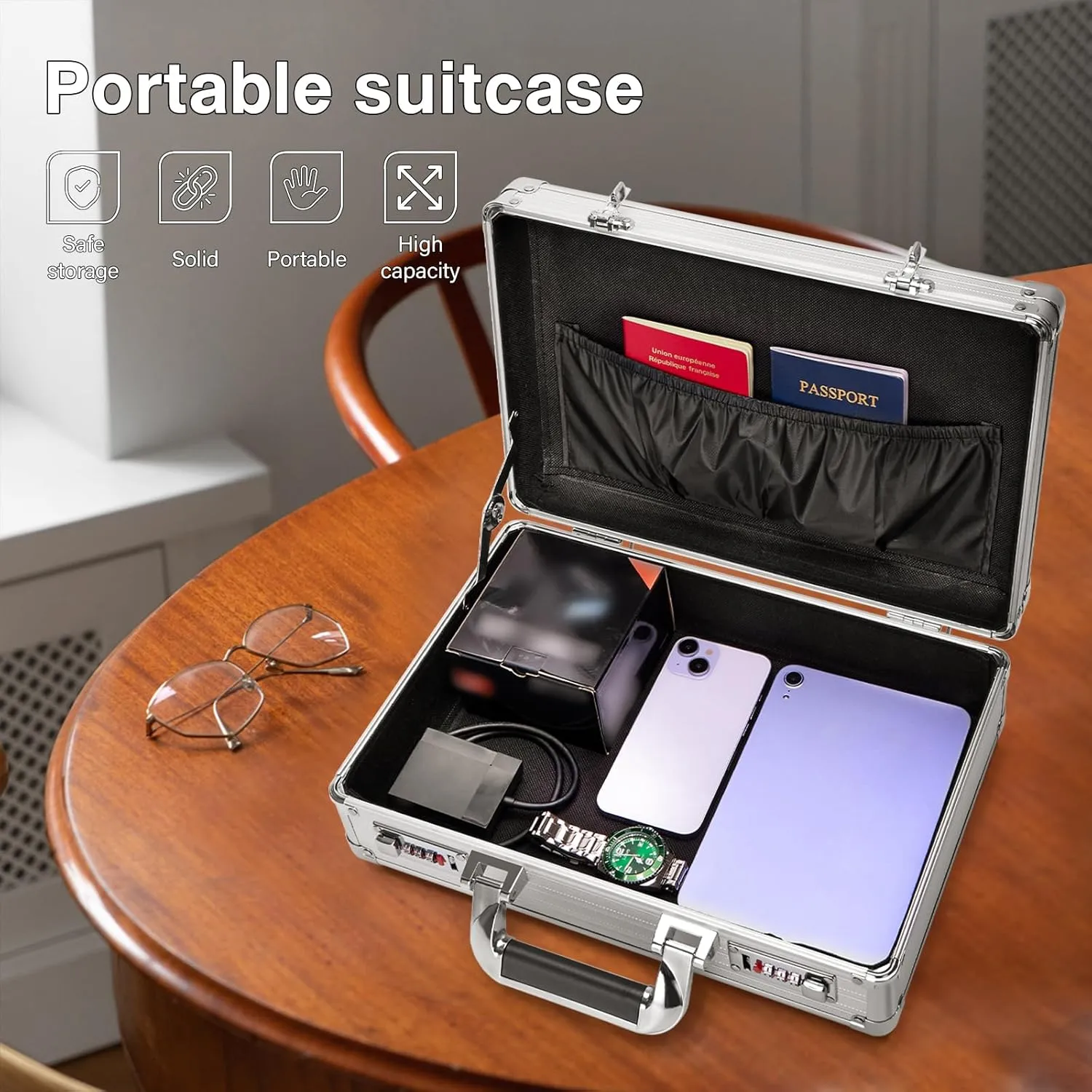 File Organizer Storage Box - 14.2 x 9.4 x 4.5 Inch Medium, Portable Locking Storage Totes with Dual Combination Locks for Cash, Documents & Valuables - Silver