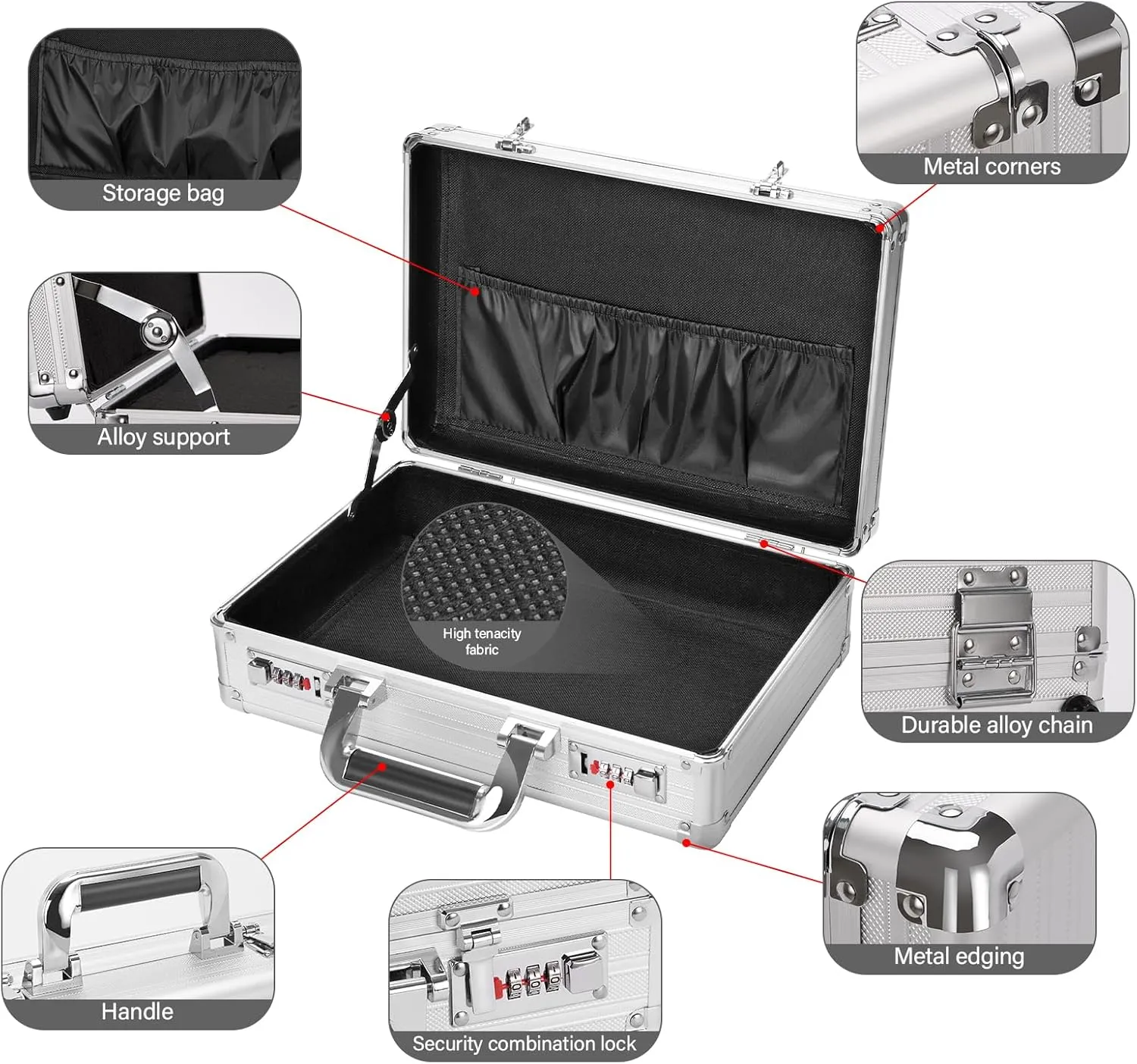 File Organizer Storage Box - 14.2 x 9.4 x 4.5 Inch Medium, Portable Locking Storage Totes with Dual Combination Locks for Cash, Documents & Valuables - Silver