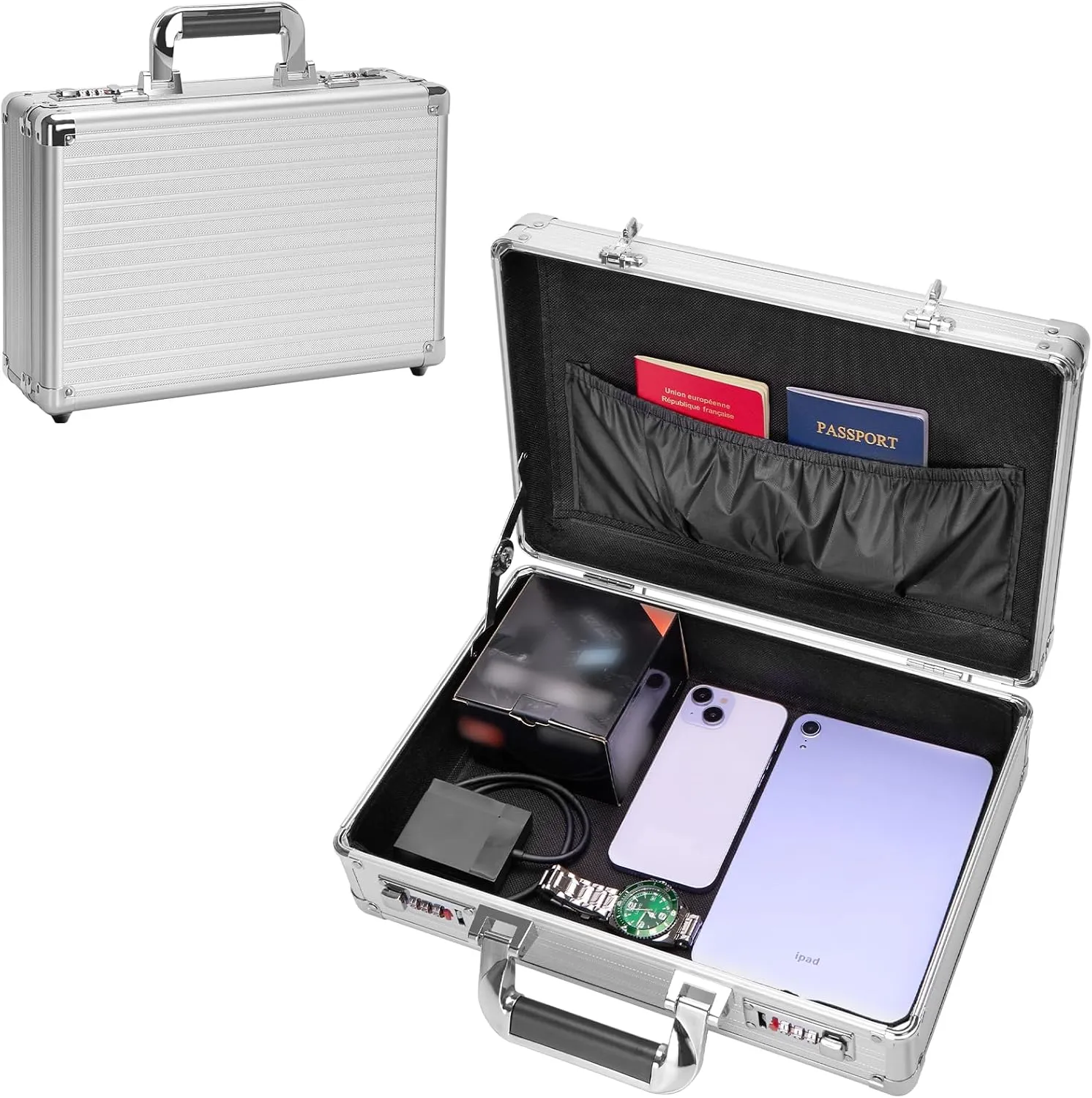 File Organizer Storage Box - 14.2 x 9.4 x 4.5 Inch Medium, Portable Locking Storage Totes with Dual Combination Locks for Cash, Documents & Valuables - Silver