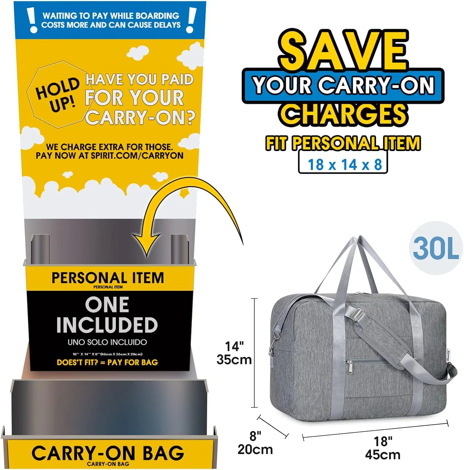 For Spirit Airlines Personal Item Bag 18x14x8 Foldable Travel Duffel Bag Underseat Carry on Luggage for Women and Men 30L (Grey)