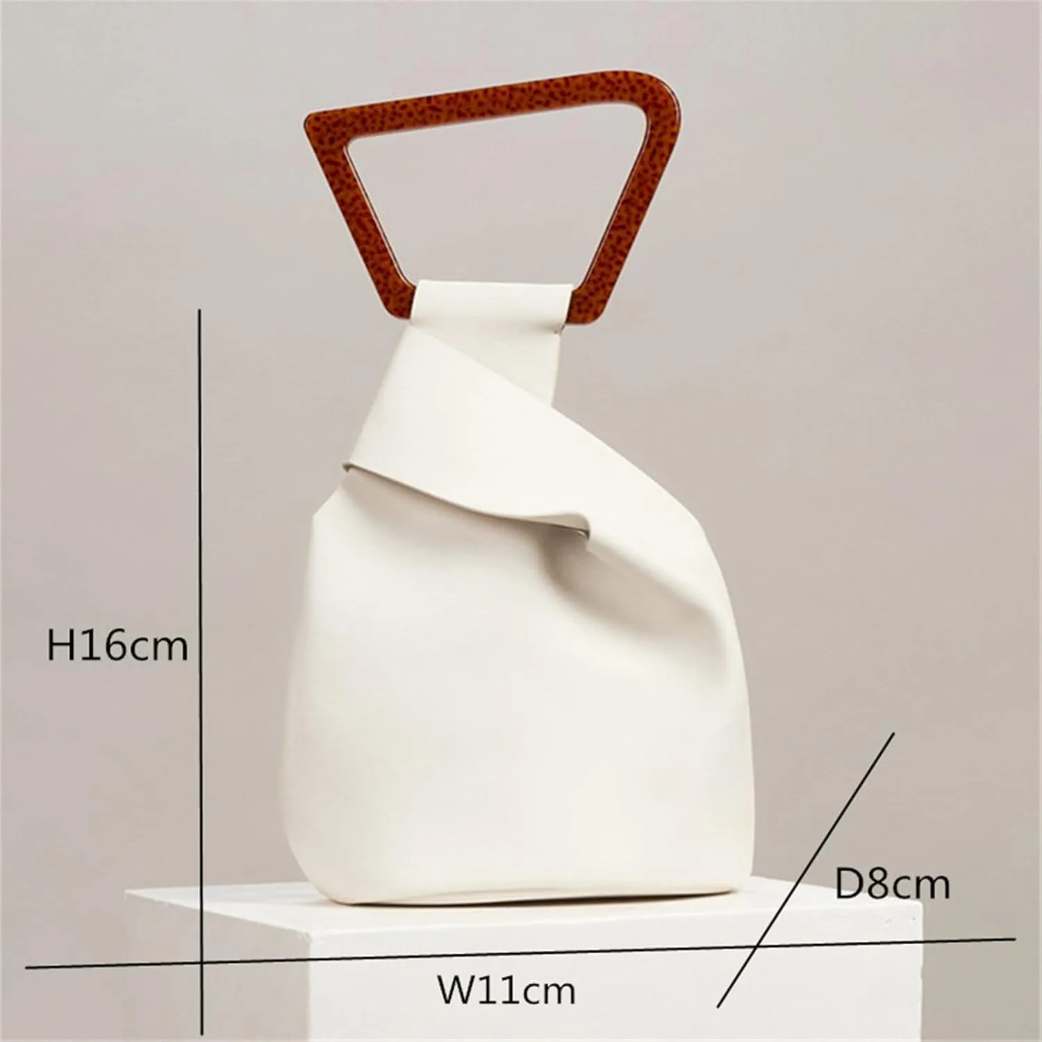 FURINFASHION GR-56 Woman's Vegan Leather Bucket Bag Fashion Elegant Irregular Shaped Handbag With Acrylic Handle Purse Bags (One Size, White)