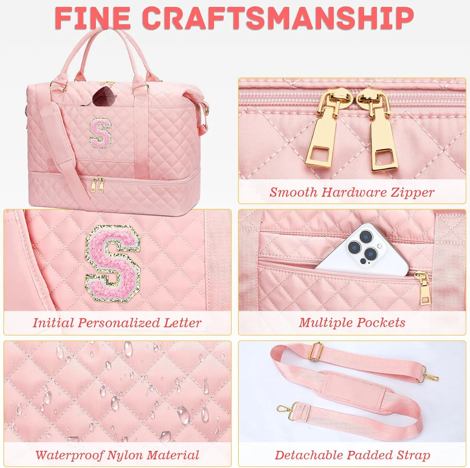 Gifts for Women Initial Travel Duffle Bag Quilted Weekender Carry-On Overnight with Cosmetic Bag, Gym Bag with Shoe Compartment Hospital Bag for Labor Delivery, Pink S