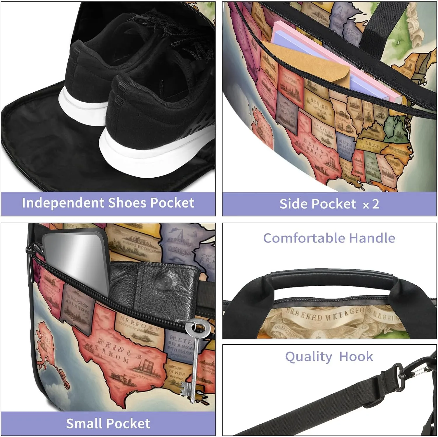 Gym Bag for Women Men, Yoga Bag with Shoe Pocket, Travel Duffel Tote Bag for Plane, Workout, Swimming, Weekend Overnight Bag Carry on Bag Hospital Holdalls, America Map - 18