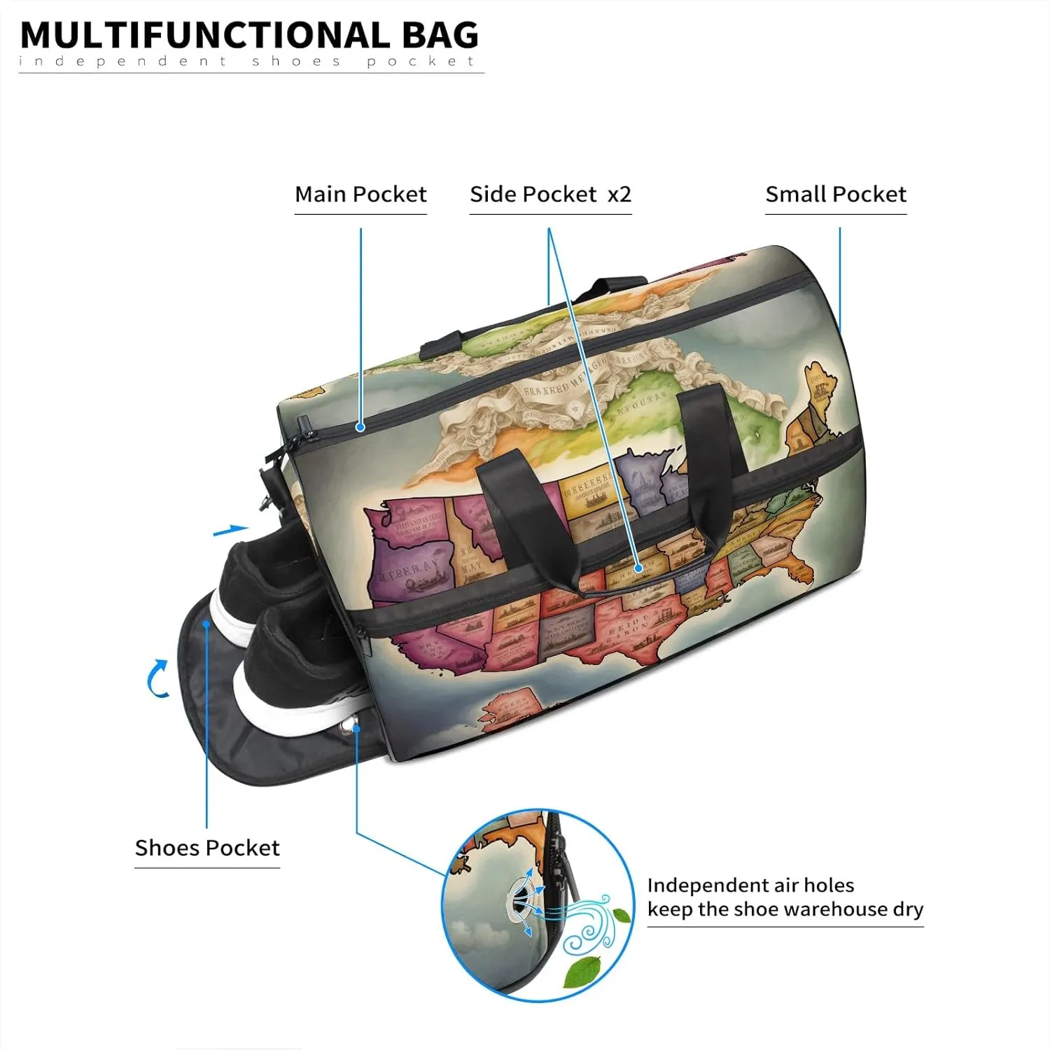 Gym Bag for Women Men, Yoga Bag with Shoe Pocket, Travel Duffel Tote Bag for Plane, Workout, Swimming, Weekend Overnight Bag Carry on Bag Hospital Holdalls, America Map - 18