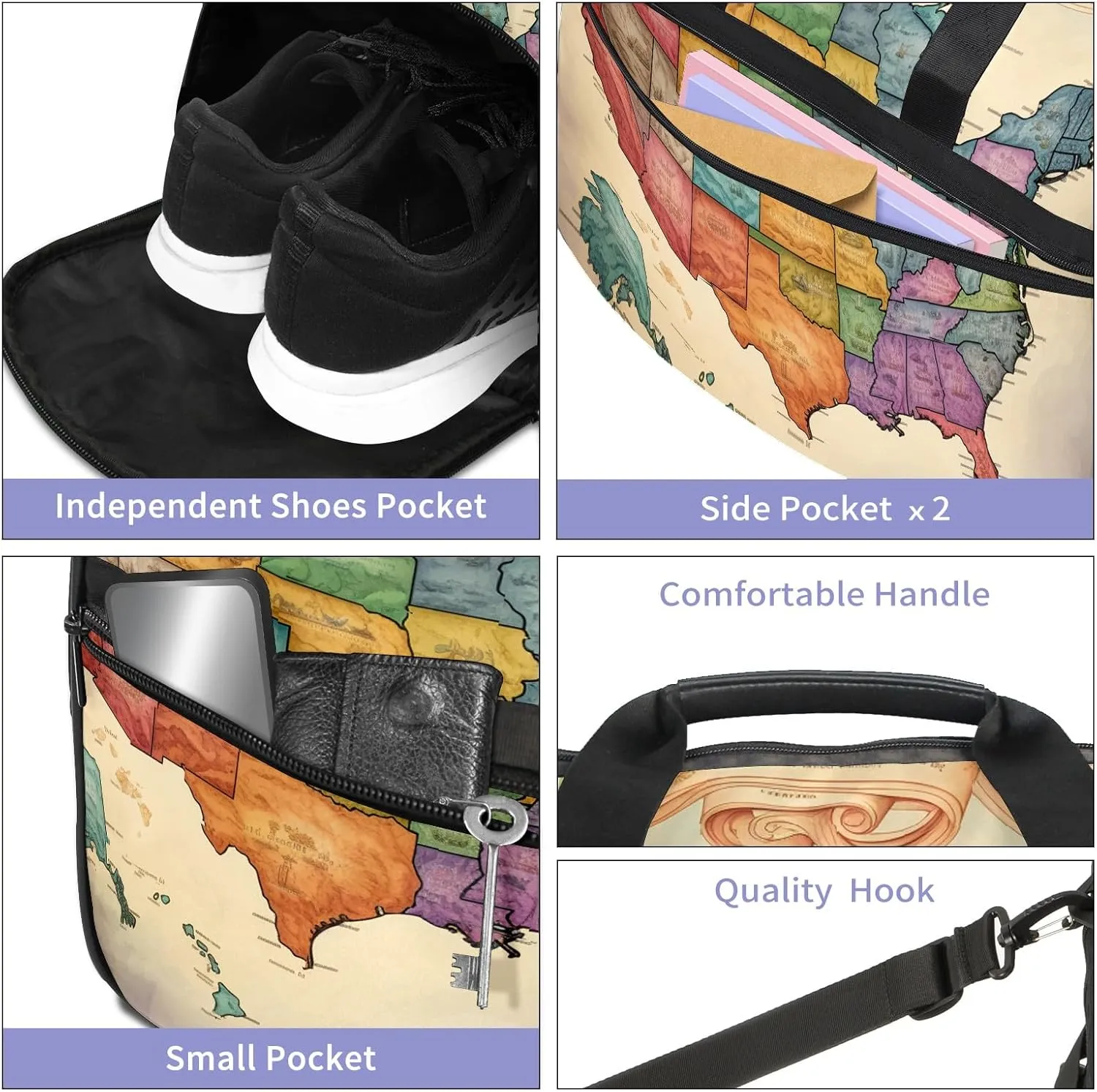 Gym Bag for Women Men, Yoga Bag with Shoe Pocket, Travel Duffel Tote Bag for Plane, Workout, Swimming, Weekend Overnight Bag Carry on Bag Hospital Holdalls, America Map - 22