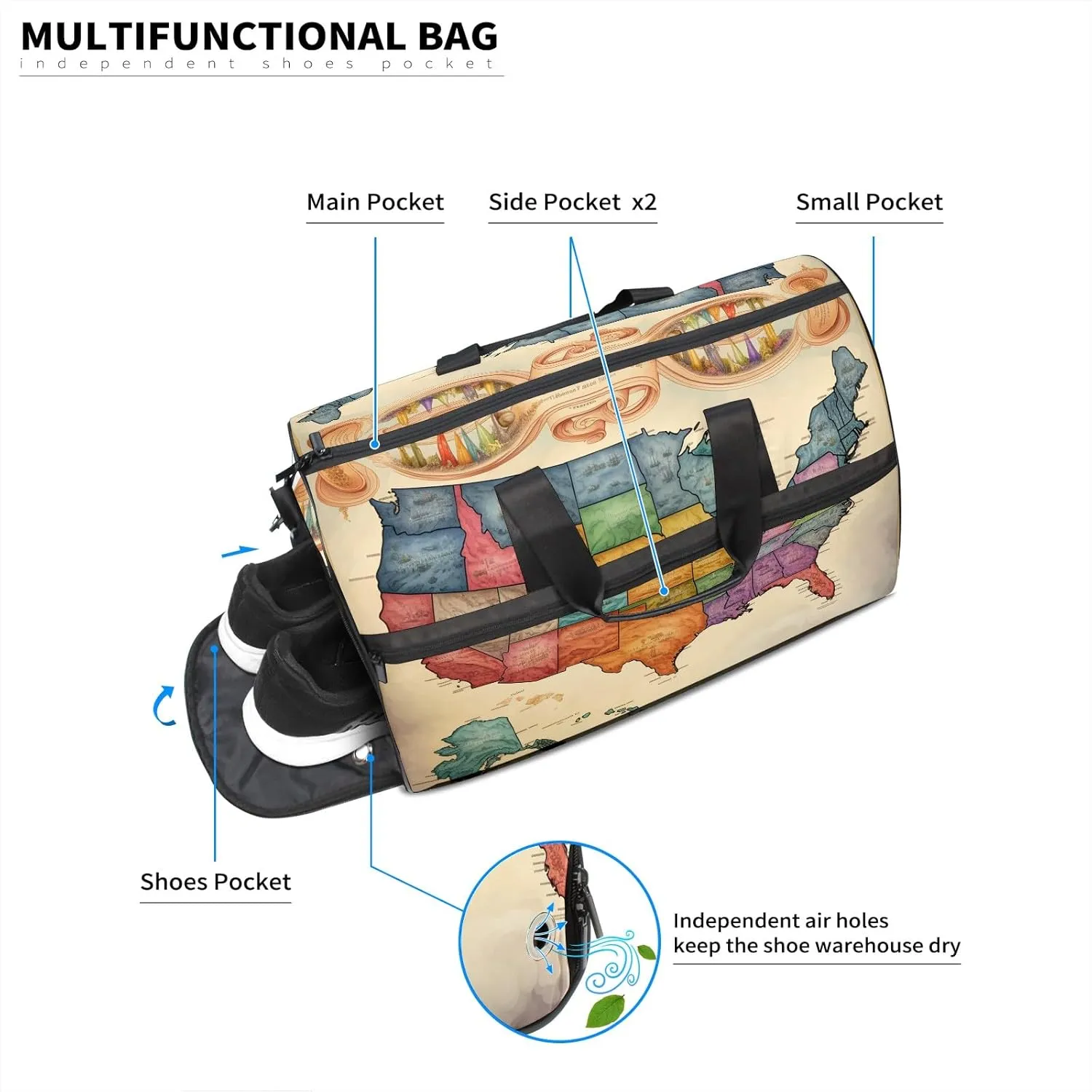 Gym Bag for Women Men, Yoga Bag with Shoe Pocket, Travel Duffel Tote Bag for Plane, Workout, Swimming, Weekend Overnight Bag Carry on Bag Hospital Holdalls, America Map - 22