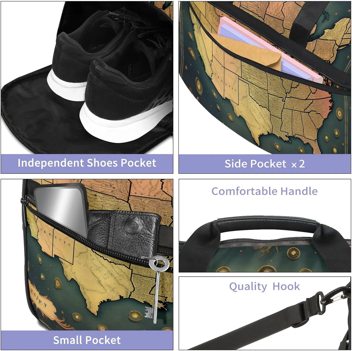Gym Bag for Women Men, Yoga Bag with Shoe Pocket, Travel Duffel Tote Bag for Plane, Workout, Swimming, Weekend Overnight Bag Carry on Bag Hospital Holdalls, America Map - 26