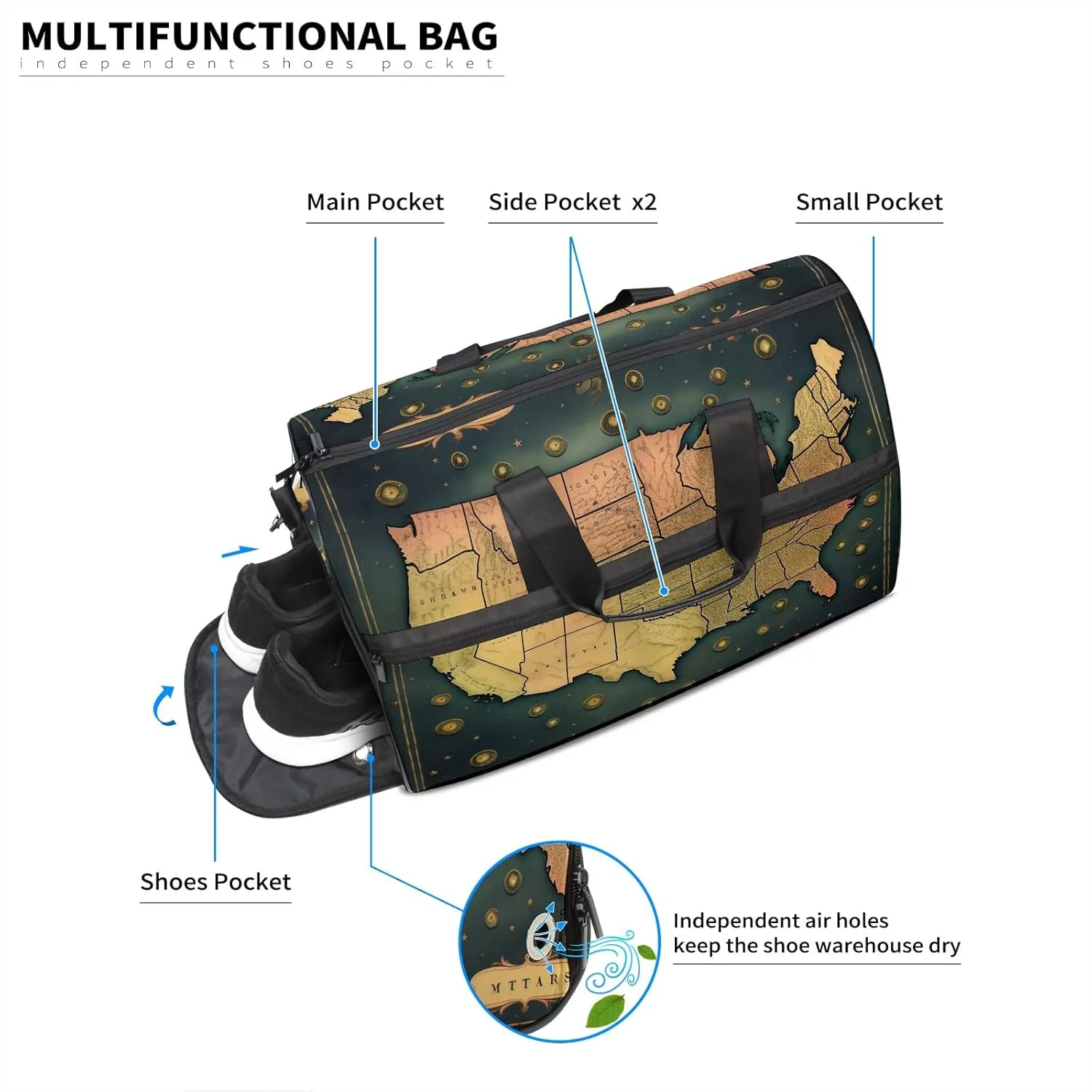 Gym Bag for Women Men, Yoga Bag with Shoe Pocket, Travel Duffel Tote Bag for Plane, Workout, Swimming, Weekend Overnight Bag Carry on Bag Hospital Holdalls, America Map - 26
