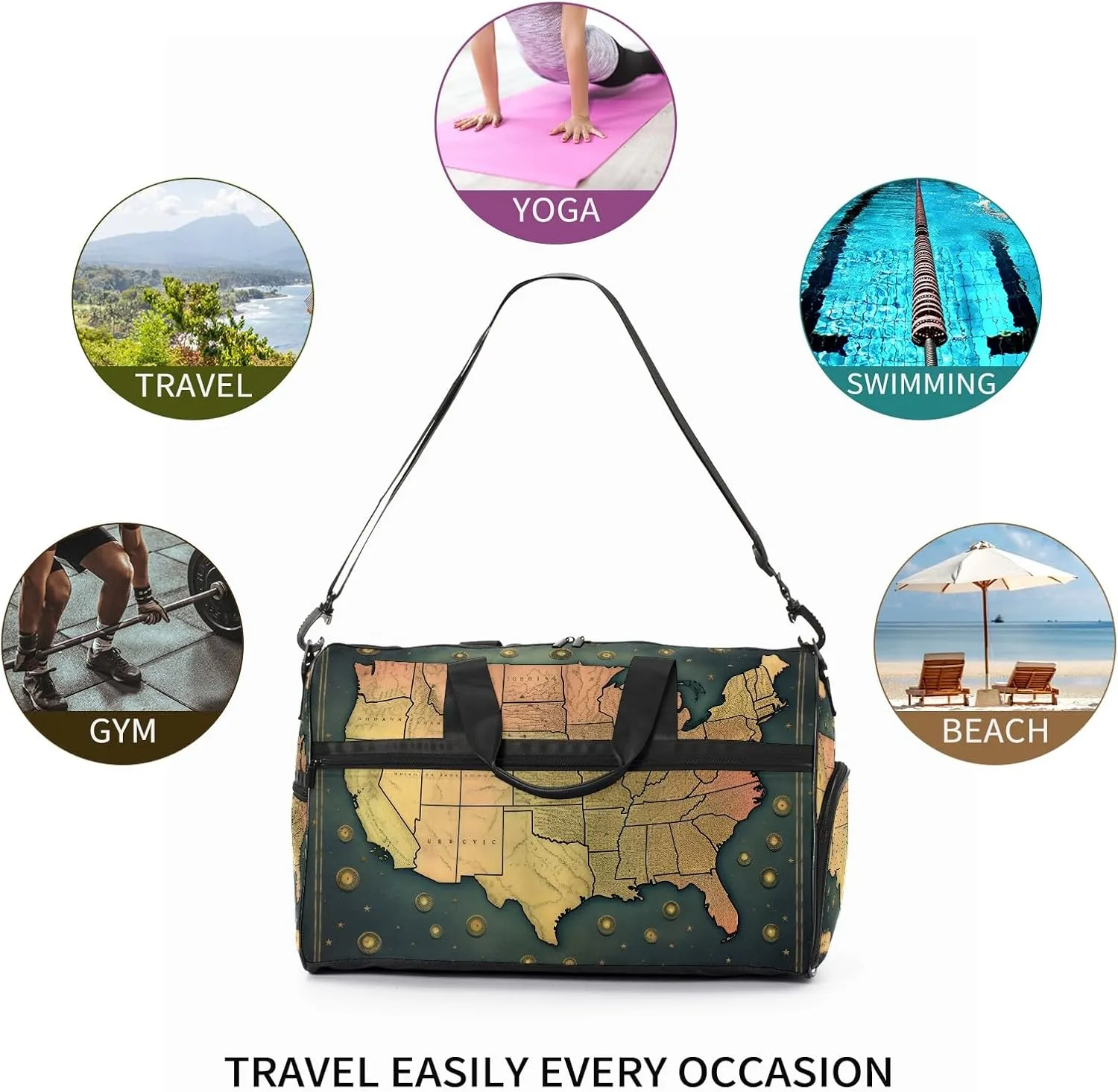 Gym Bag for Women Men, Yoga Bag with Shoe Pocket, Travel Duffel Tote Bag for Plane, Workout, Swimming, Weekend Overnight Bag Carry on Bag Hospital Holdalls, America Map - 26