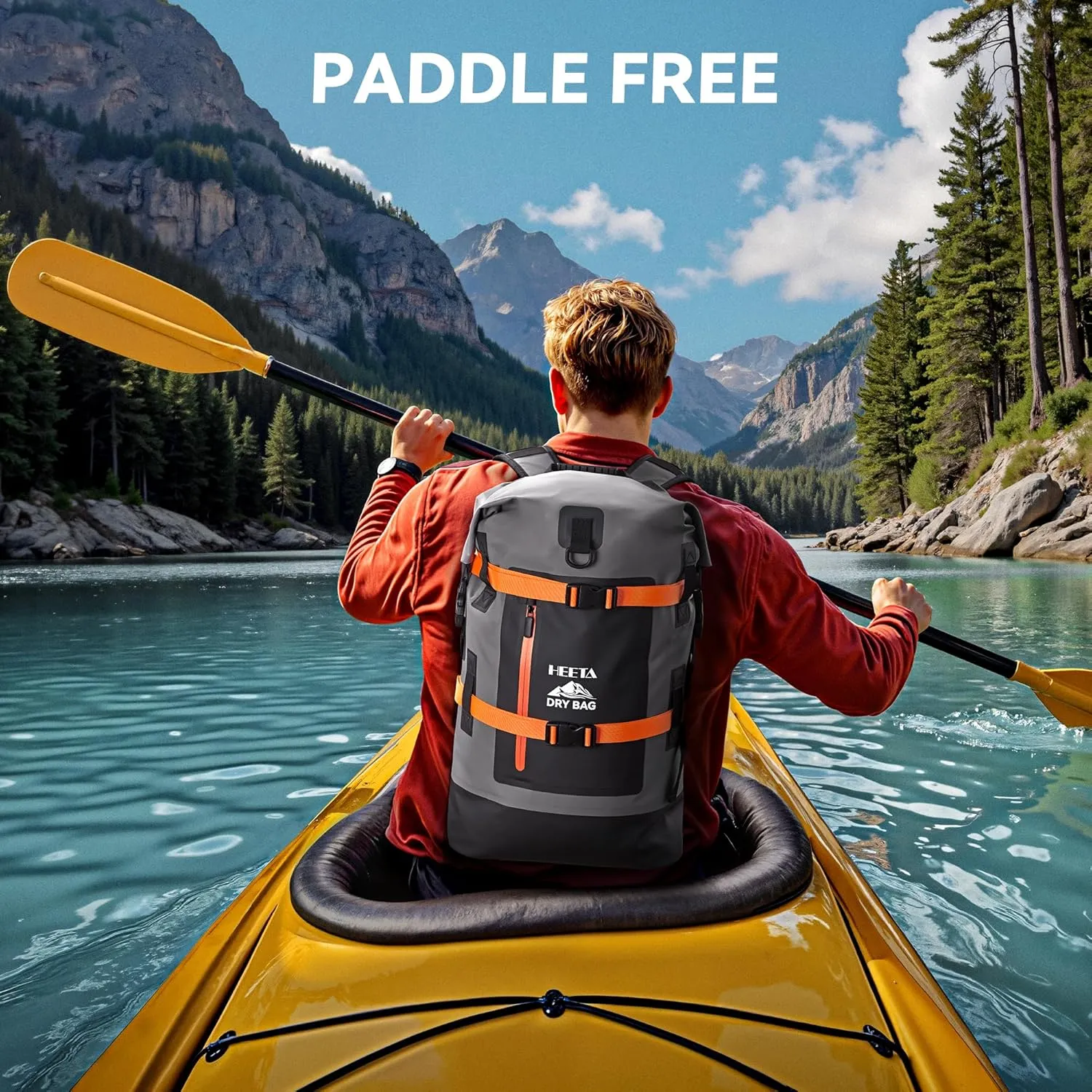HEETA Waterproof Dry Bags Backpack 40L for Men & Women, Roll Top Heavy Duty Cushioned Hiking Backpack for Kayaking Boating Paddle Boarding Fishing Travel Camping Beach Vacation Cruise Ship Essentials