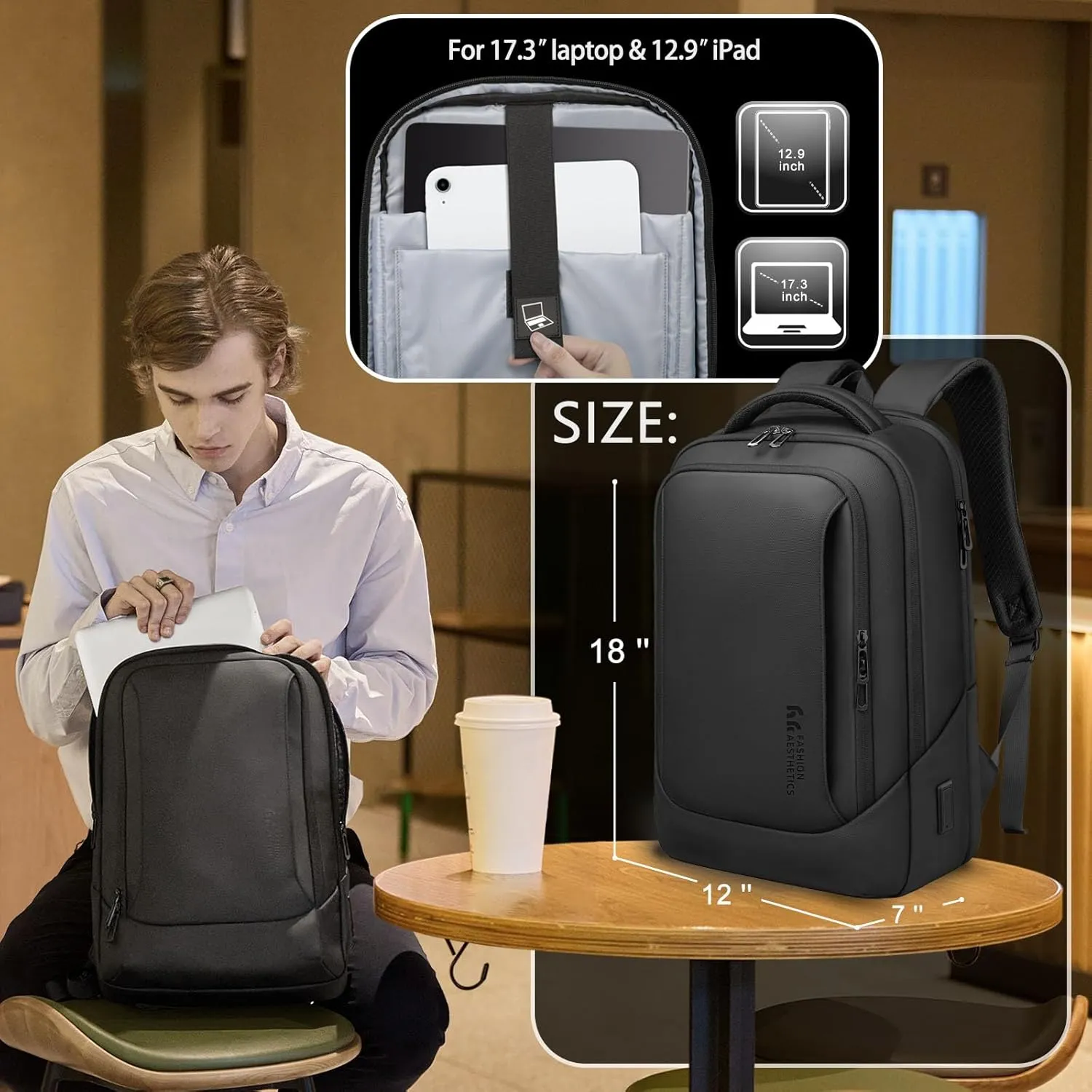 hk Laptop Backpack for Men with USB Charging Port Water-Resistant for 17.3 Inch Computer Bag Durable High-Tech Daypack Casual Backpack for Business Work College Weekender Travel- Black
