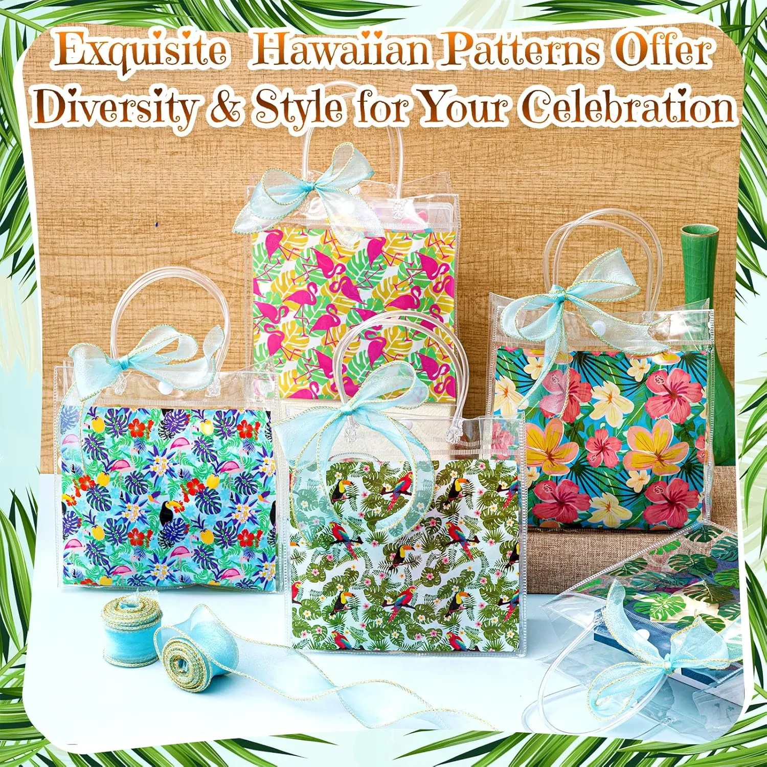 Hosuly 50 Pcs Hawaiian Luau Clear Gift Bags with Handles,Aloha Summer Tropical Party Favor Bags,5 Styles Hawaii PVC Plastic Tote for Summer Birthday Tiki Party Supplies,7.87 x 7.87 x 3.15 in