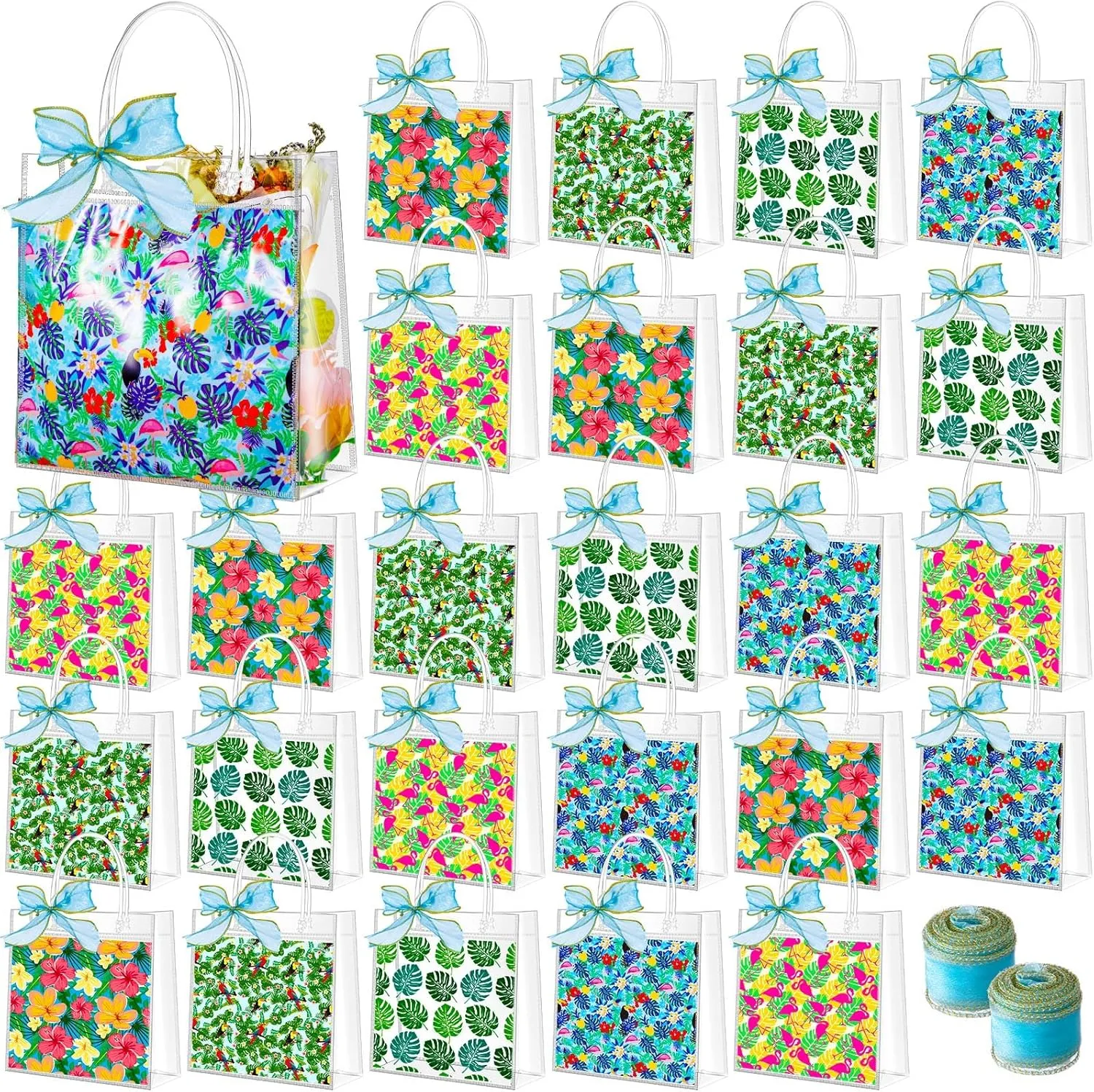 Hosuly 50 Pcs Hawaiian Luau Clear Gift Bags with Handles,Aloha Summer Tropical Party Favor Bags,5 Styles Hawaii PVC Plastic Tote for Summer Birthday Tiki Party Supplies,7.87 x 7.87 x 3.15 in