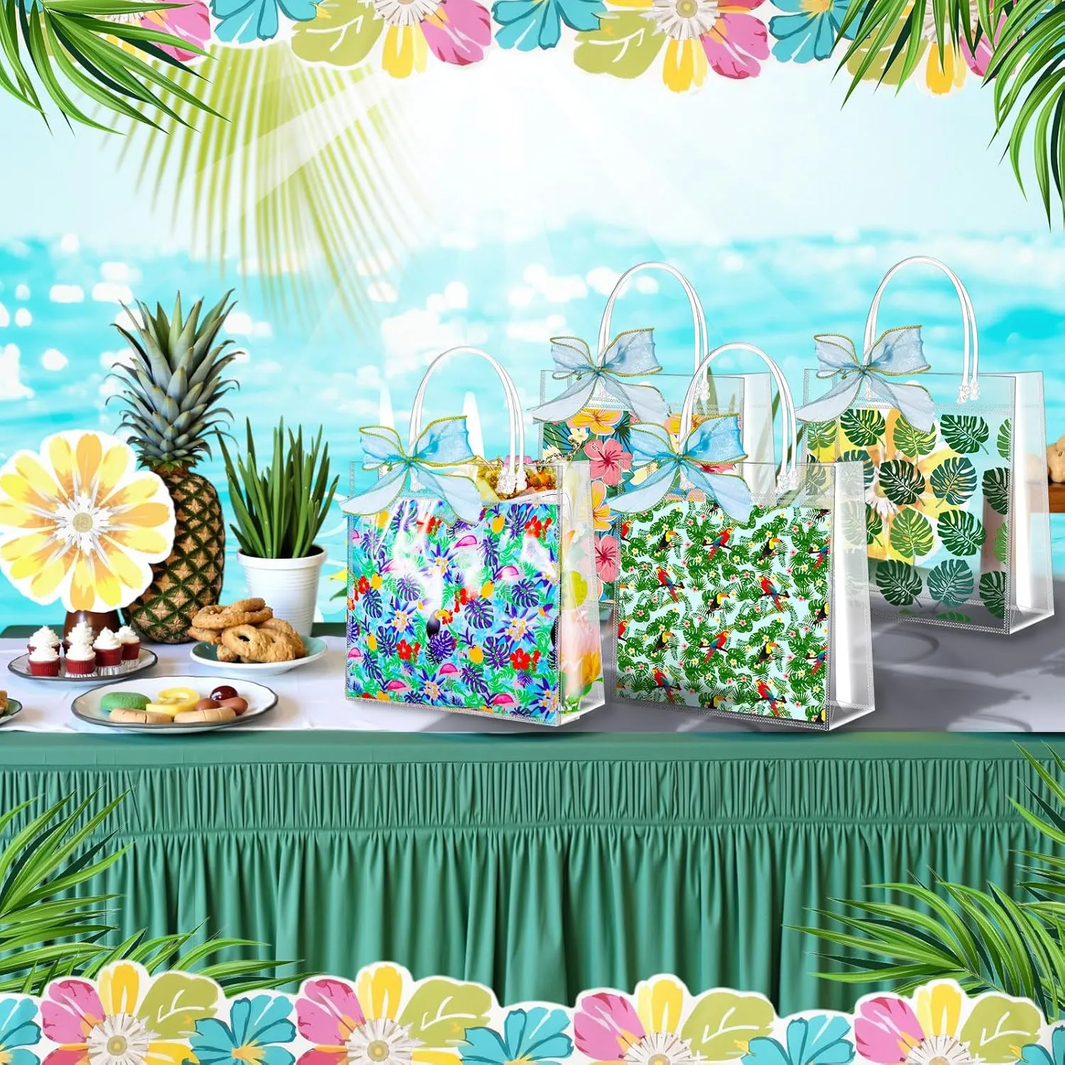 Hosuly 50 Pcs Hawaiian Luau Clear Gift Bags with Handles,Aloha Summer Tropical Party Favor Bags,5 Styles Hawaii PVC Plastic Tote for Summer Birthday Tiki Party Supplies,7.87 x 7.87 x 3.15 in