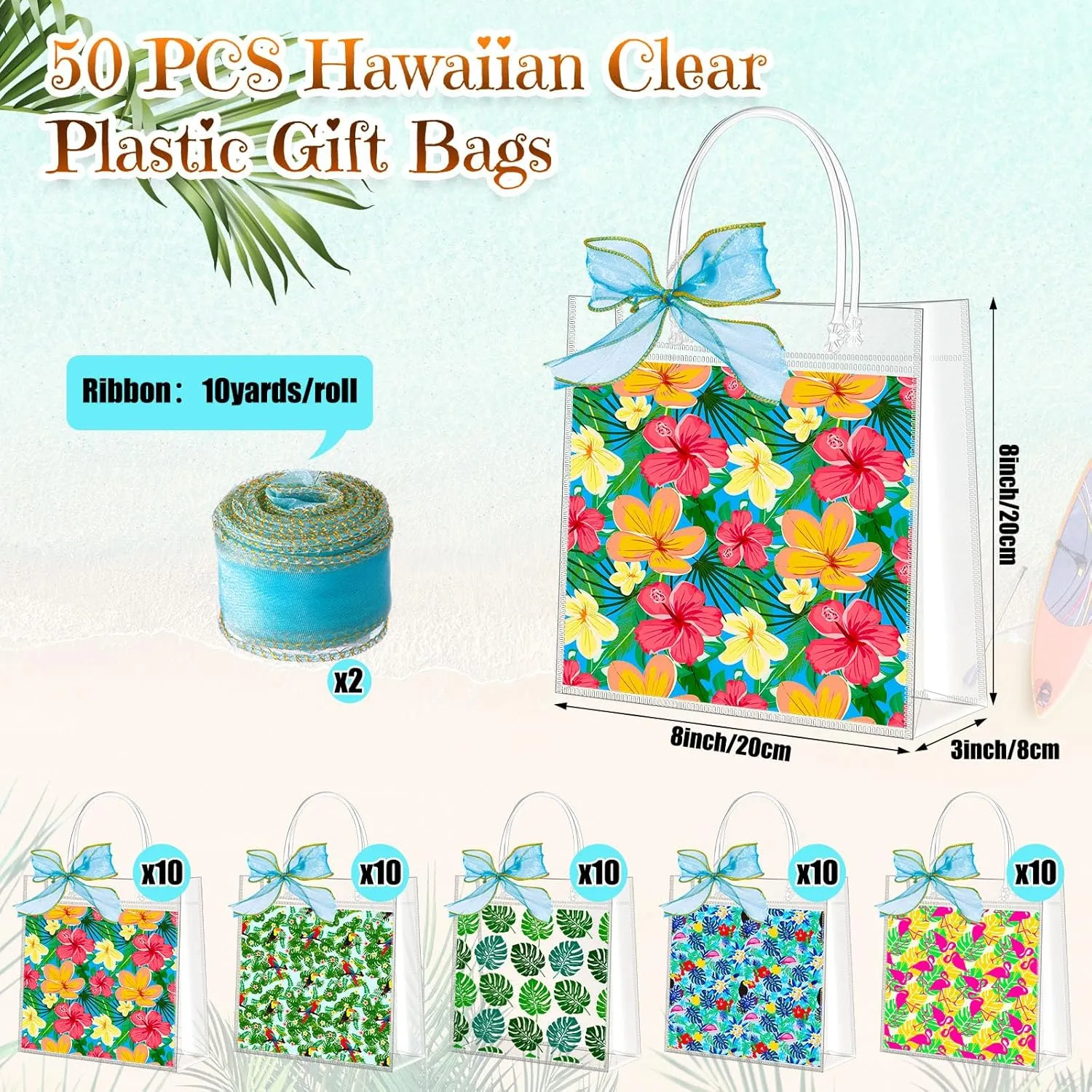 Hosuly 50 Pcs Hawaiian Luau Clear Gift Bags with Handles,Aloha Summer Tropical Party Favor Bags,5 Styles Hawaii PVC Plastic Tote for Summer Birthday Tiki Party Supplies,7.87 x 7.87 x 3.15 in