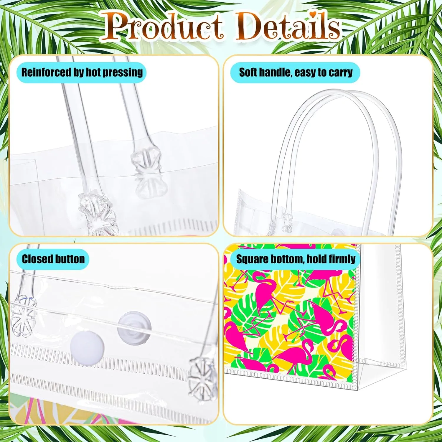 Hosuly 50 Pcs Hawaiian Luau Clear Gift Bags with Handles,Aloha Summer Tropical Party Favor Bags,5 Styles Hawaii PVC Plastic Tote for Summer Birthday Tiki Party Supplies,7.87 x 7.87 x 3.15 in