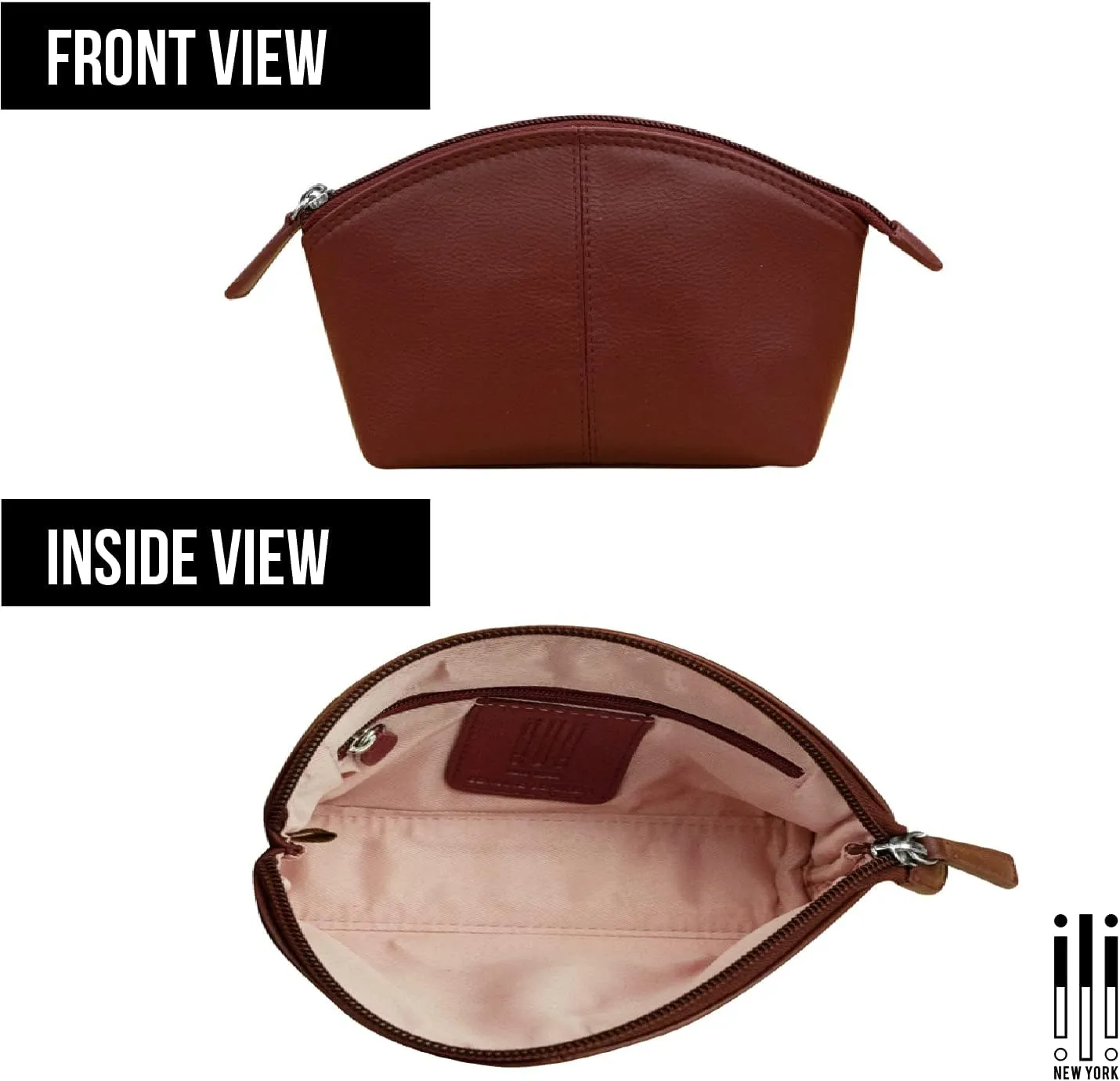 ili New York Genuine Leather Cosmetic Pouch  RFID Blocking, Leather Makeup Bag for Purse with Top Zip Closure & Interior Zip Pocket, Perfect as a Compact and Stylish Travel Cosmetic Bag