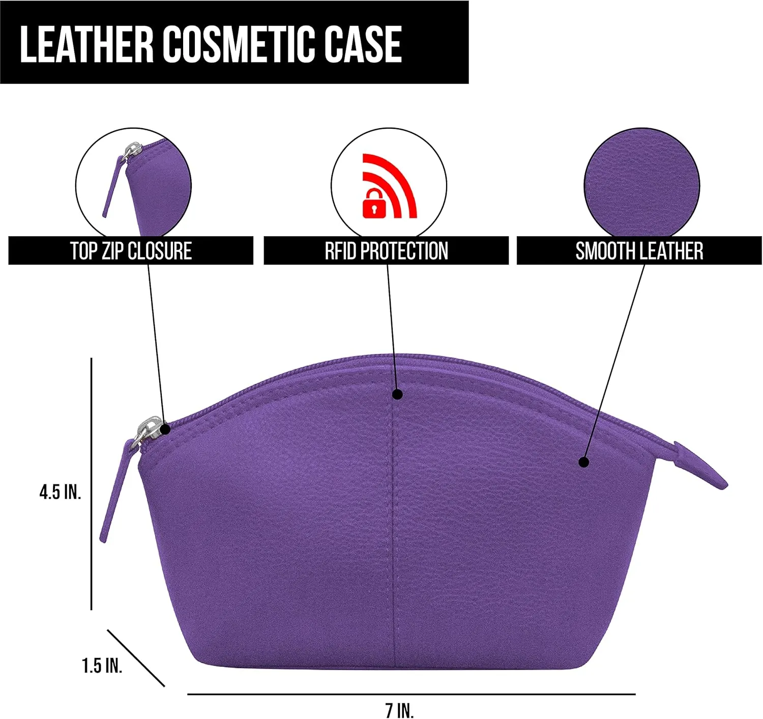 ili New York Genuine Leather Cosmetic Pouch  RFID Blocking, Leather Makeup Bag for Purse with Top Zip Closure & Interior Zip Pocket, Perfect as a Compact and Stylish Travel Cosmetic Bag