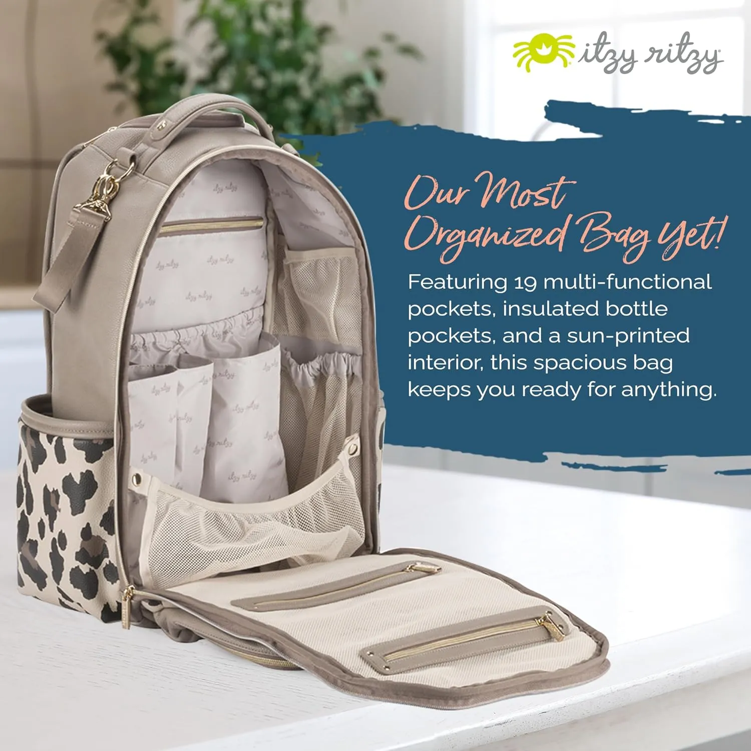 Itzy Ritzy Diaper Bag Backpack  Large Capacity Boss Plus Baby Backpack Diaper Bag Featuring 19 Pockets, Changing Pad, Stroller Clips, and Comfortable Backpack Straps, Leopard