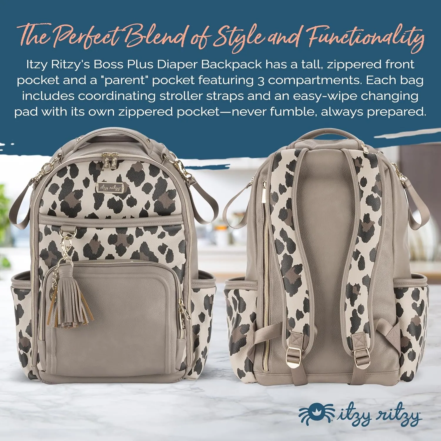 Itzy Ritzy Diaper Bag Backpack  Large Capacity Boss Plus Baby Backpack Diaper Bag Featuring 19 Pockets, Changing Pad, Stroller Clips, and Comfortable Backpack Straps, Leopard