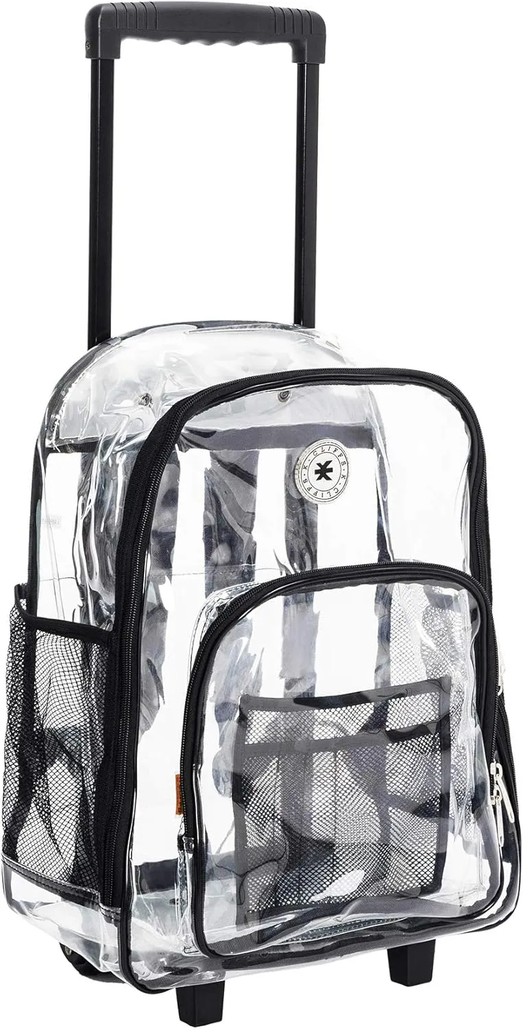 K-Cliffs Rolling Clear Backpack Heavy Duty Bookbag Quality See Through Workbag Travel Daypack Transparent School Book Bags w/Wheels Black