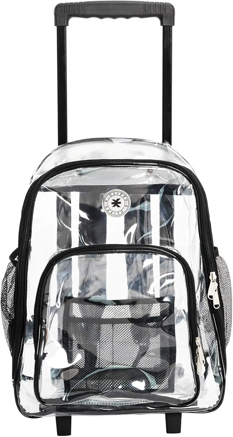 K-Cliffs Rolling Clear Backpack Heavy Duty Bookbag Quality See Through Workbag Travel Daypack Transparent School Book Bags w/Wheels Black