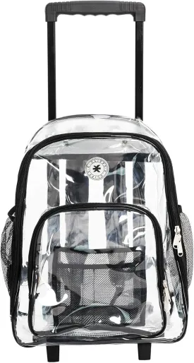 K-Cliffs Rolling Clear Backpack Heavy Duty Bookbag Quality See Through Workbag Travel Daypack Transparent School Book Bags w/Wheels Black