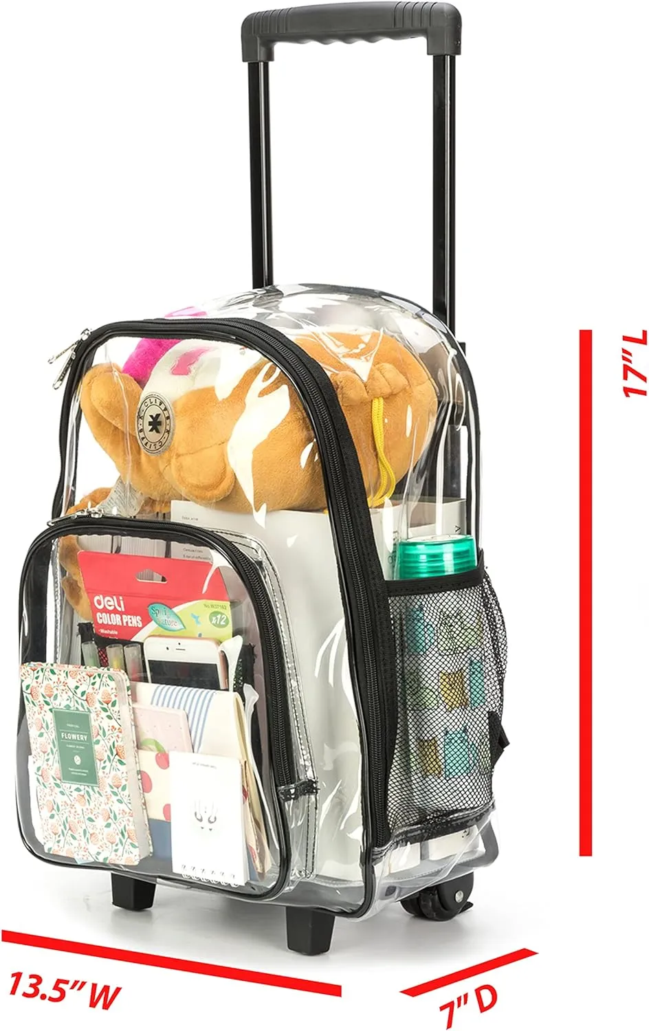 K-Cliffs Rolling Clear Backpack Heavy Duty Bookbag Quality See Through Workbag Travel Daypack Transparent School Book Bags w/Wheels Black