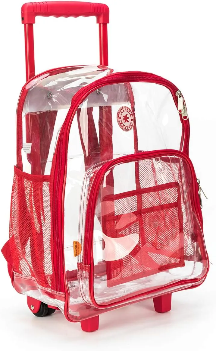 K-Cliffs Rolling Clear Backpack Heavy Duty Bookbag Quality See Through Workbag Travel Daypack Transparent School Book Bags w/Wheels Red