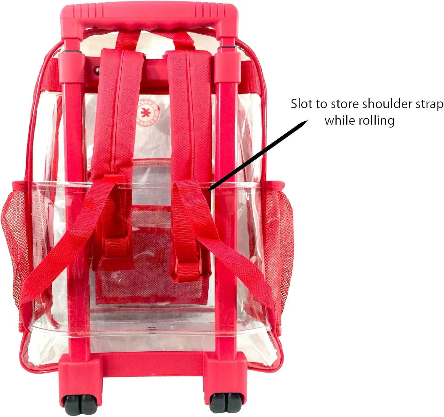 K-Cliffs Rolling Clear Backpack Heavy Duty Bookbag Quality See Through Workbag Travel Daypack Transparent School Book Bags w/Wheels Red