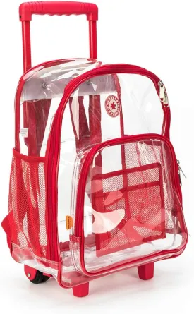 K-Cliffs Rolling Clear Backpack Heavy Duty Bookbag Quality See Through Workbag Travel Daypack Transparent School Book Bags w/Wheels Red