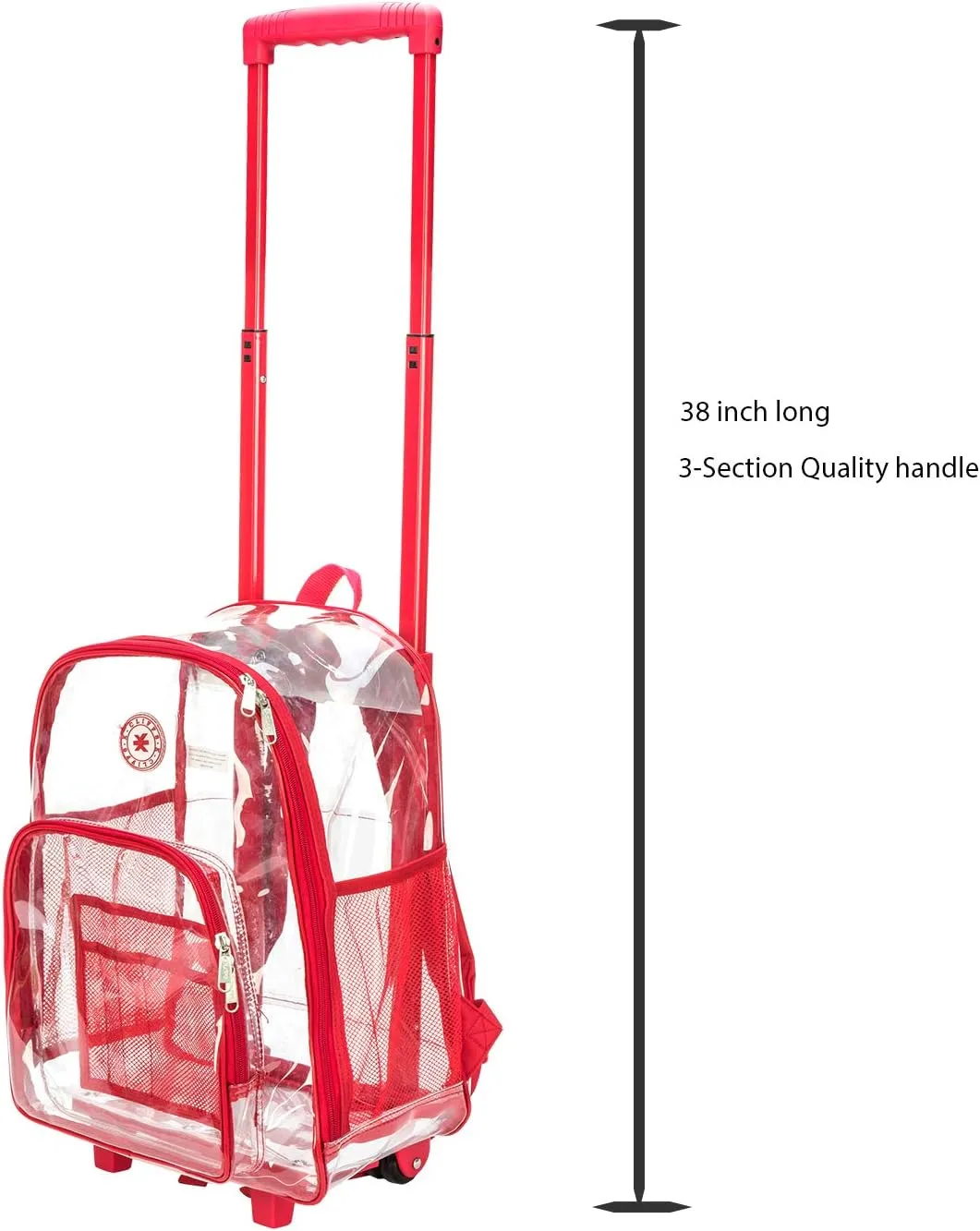 K-Cliffs Rolling Clear Backpack Heavy Duty Bookbag Quality See Through Workbag Travel Daypack Transparent School Book Bags w/Wheels Red