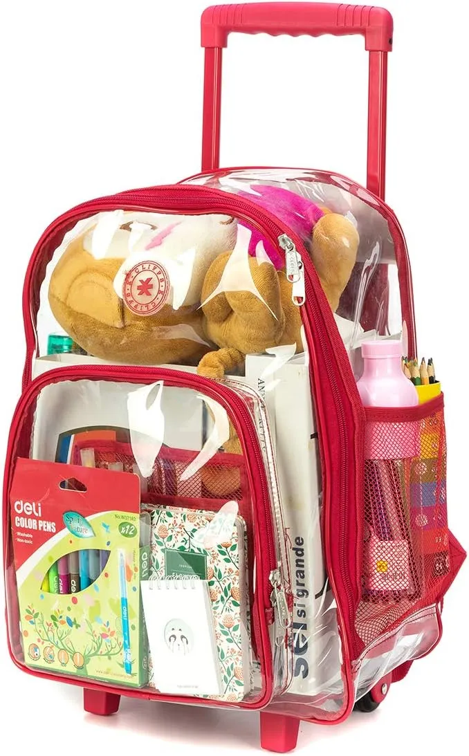 K-Cliffs Rolling Clear Backpack Heavy Duty Bookbag Quality See Through Workbag Travel Daypack Transparent School Book Bags w/Wheels Red