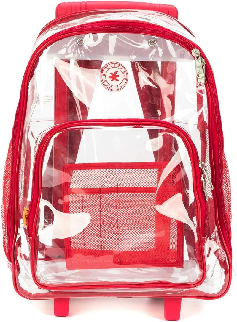 K-Cliffs Rolling Clear Backpack Heavy Duty Bookbag Quality See Through Workbag Travel Daypack Transparent School Book Bags w/Wheels Red
