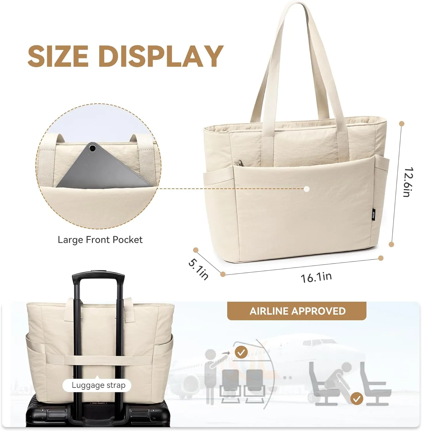 KALIDI Large Tote Bag for Women with Zipper, Quilted tote bag with Compartments,Laptop Casual Handbag Oversize Shoulder Bag