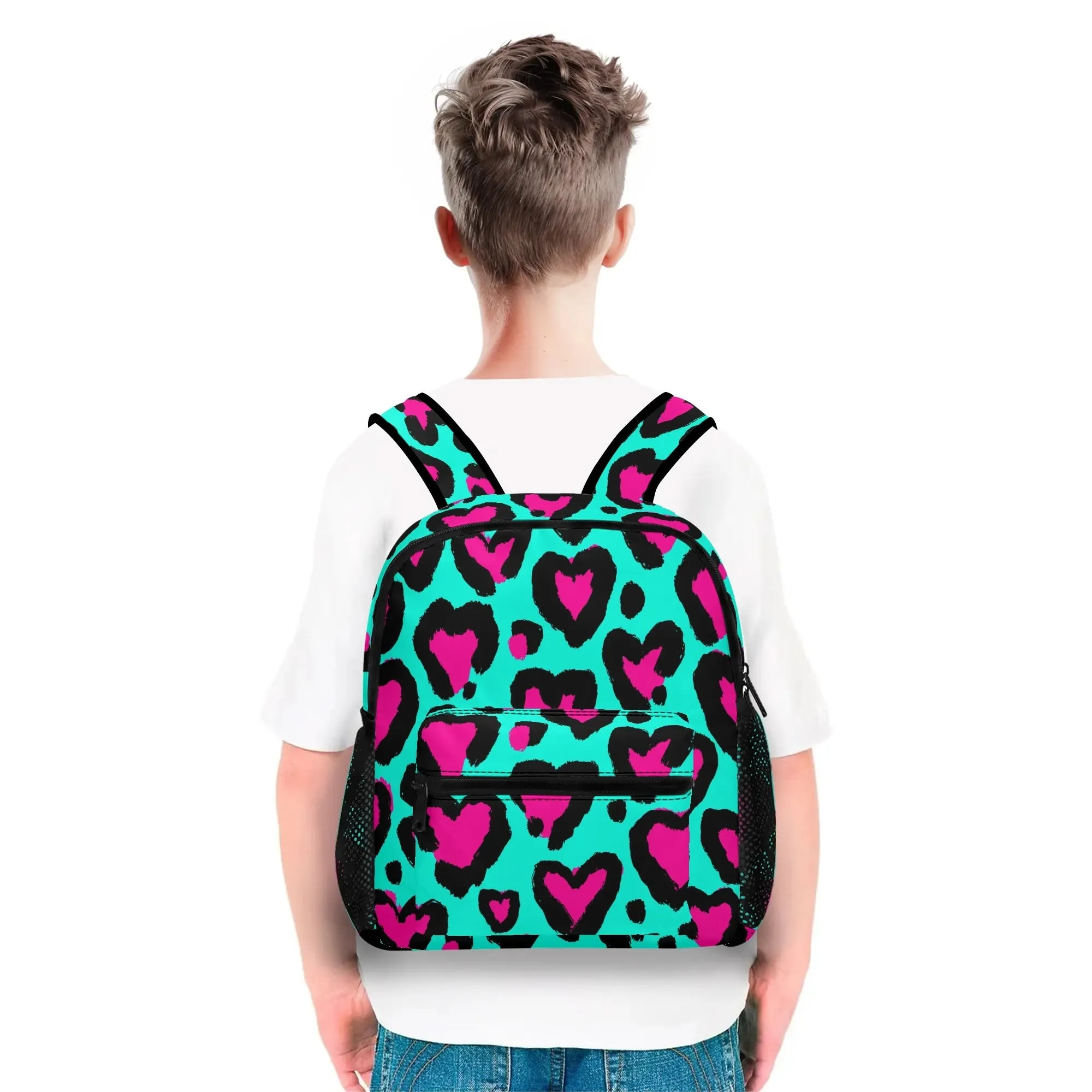 Kids Double Pocket Mini Kids Backpack, Leopard Hearts