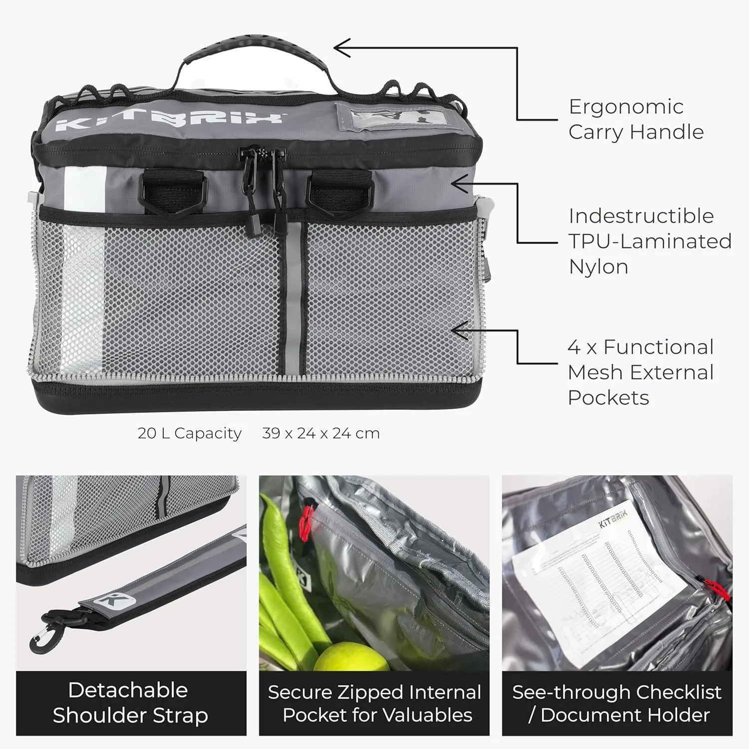 KitBrix Waterproof Sports Duffel Bag, Personal Item Travel Bag 15.3" x 9.4" x 9.4" - Solid Base - Built for Wet, Muddy Gear - Multi-Use Swimming, Gym, Soccer, Camping, Triathlon Transition Bag - Grey