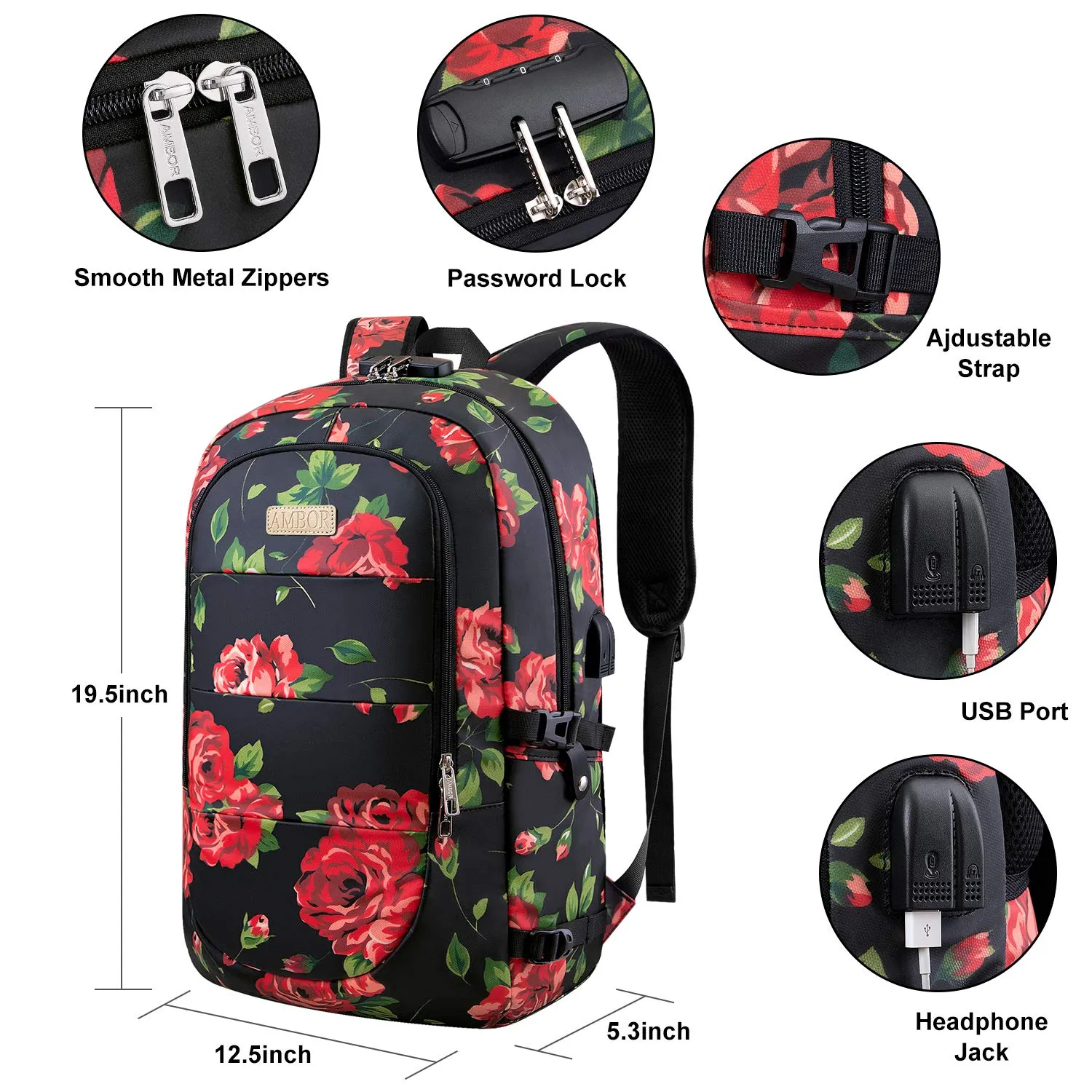 Laptop Backpack, 17.3 Inch Anti Theft Travel Business Laptop Backpack Bag with USB Port and Lock, Water Repellent College School Bookbag Computer Backpack Casual Daypack for Women Girls- Flower2
