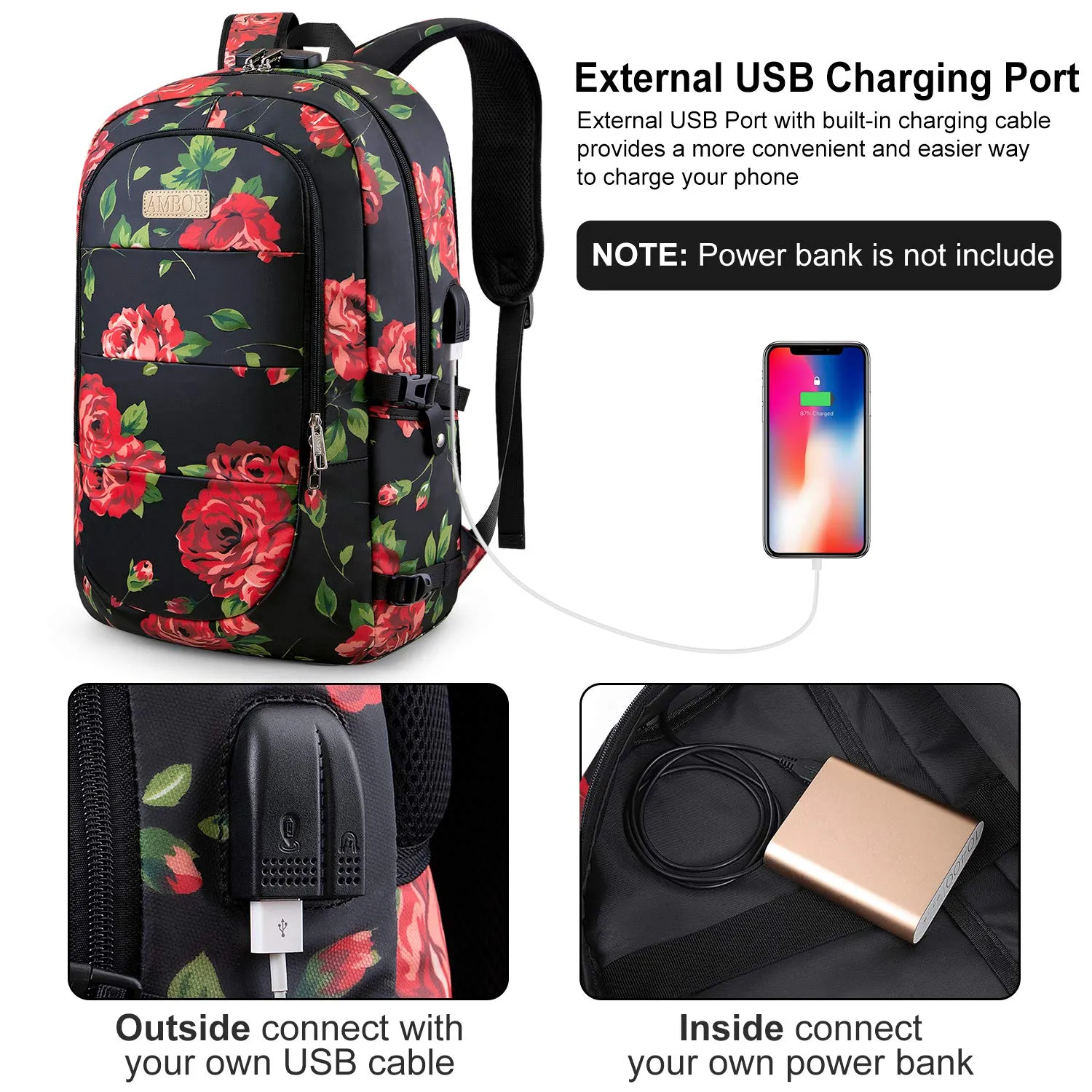 Laptop Backpack, 17.3 Inch Anti Theft Travel Business Laptop Backpack Bag with USB Port and Lock, Water Repellent College School Bookbag Computer Backpack Casual Daypack for Women Girls- Flower2