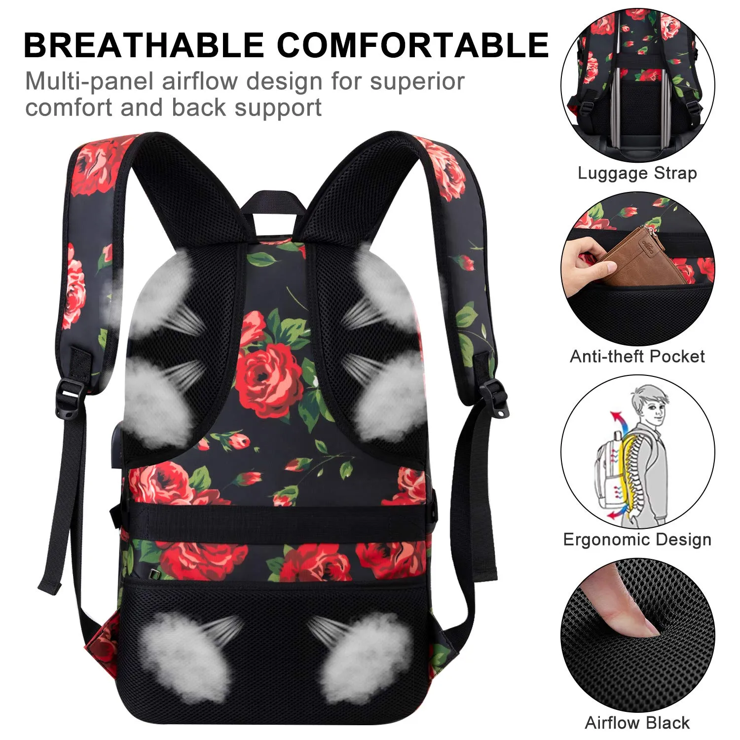 Laptop Backpack, 17.3 Inch Anti Theft Travel Business Laptop Backpack Bag with USB Port and Lock, Water Repellent College School Bookbag Computer Backpack Casual Daypack for Women Girls- Flower2