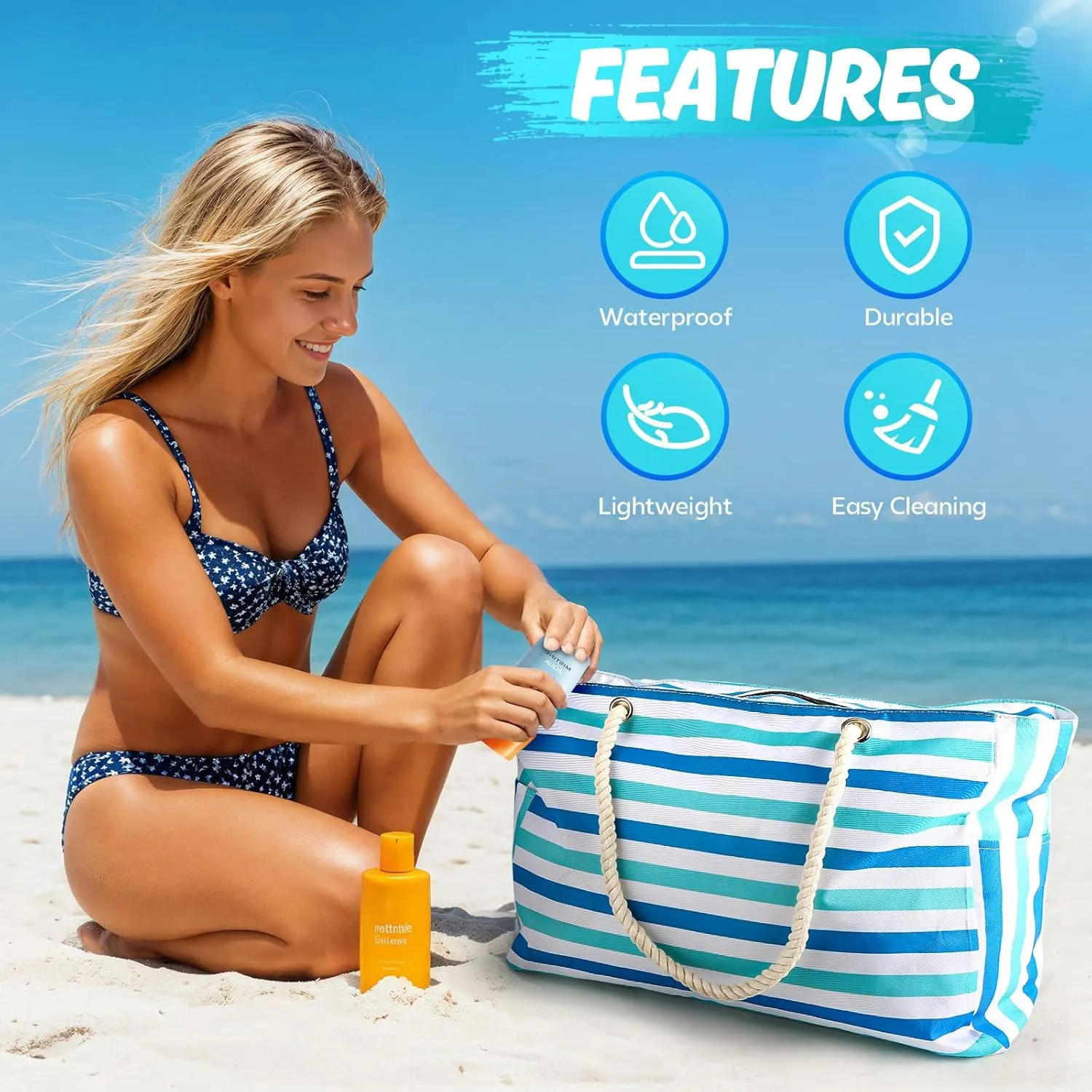 Large Beach Bag for Women & Men, Beach Bags Waterproof Sandproof, Travel Tote Bag, Swim Pool Bag for Family Outdoor