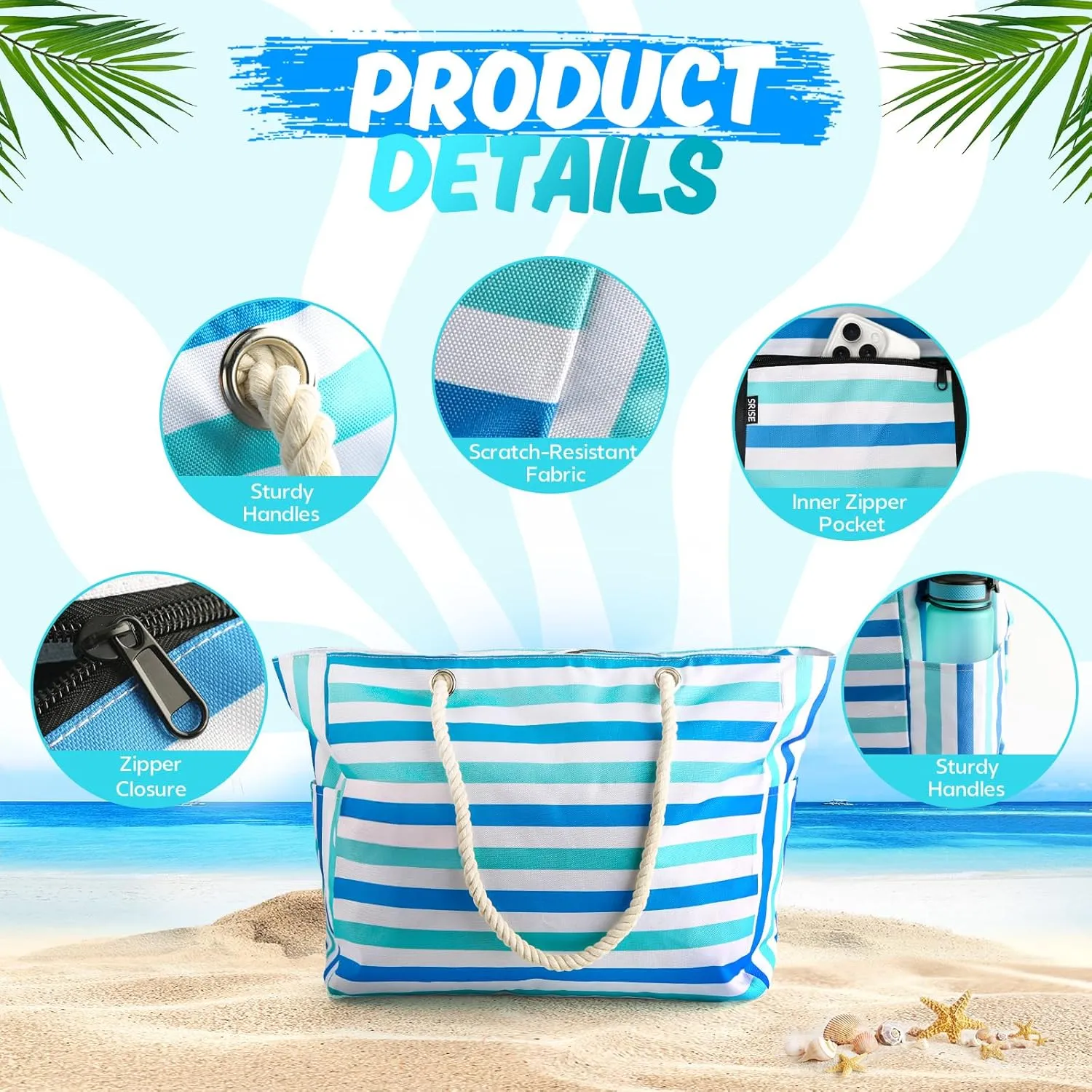 Large Beach Bag for Women & Men, Beach Bags Waterproof Sandproof, Travel Tote Bag, Swim Pool Bag for Family Outdoor