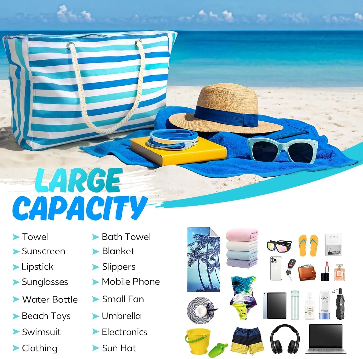 Large Beach Bag for Women & Men, Beach Bags Waterproof Sandproof, Travel Tote Bag, Swim Pool Bag for Family Outdoor