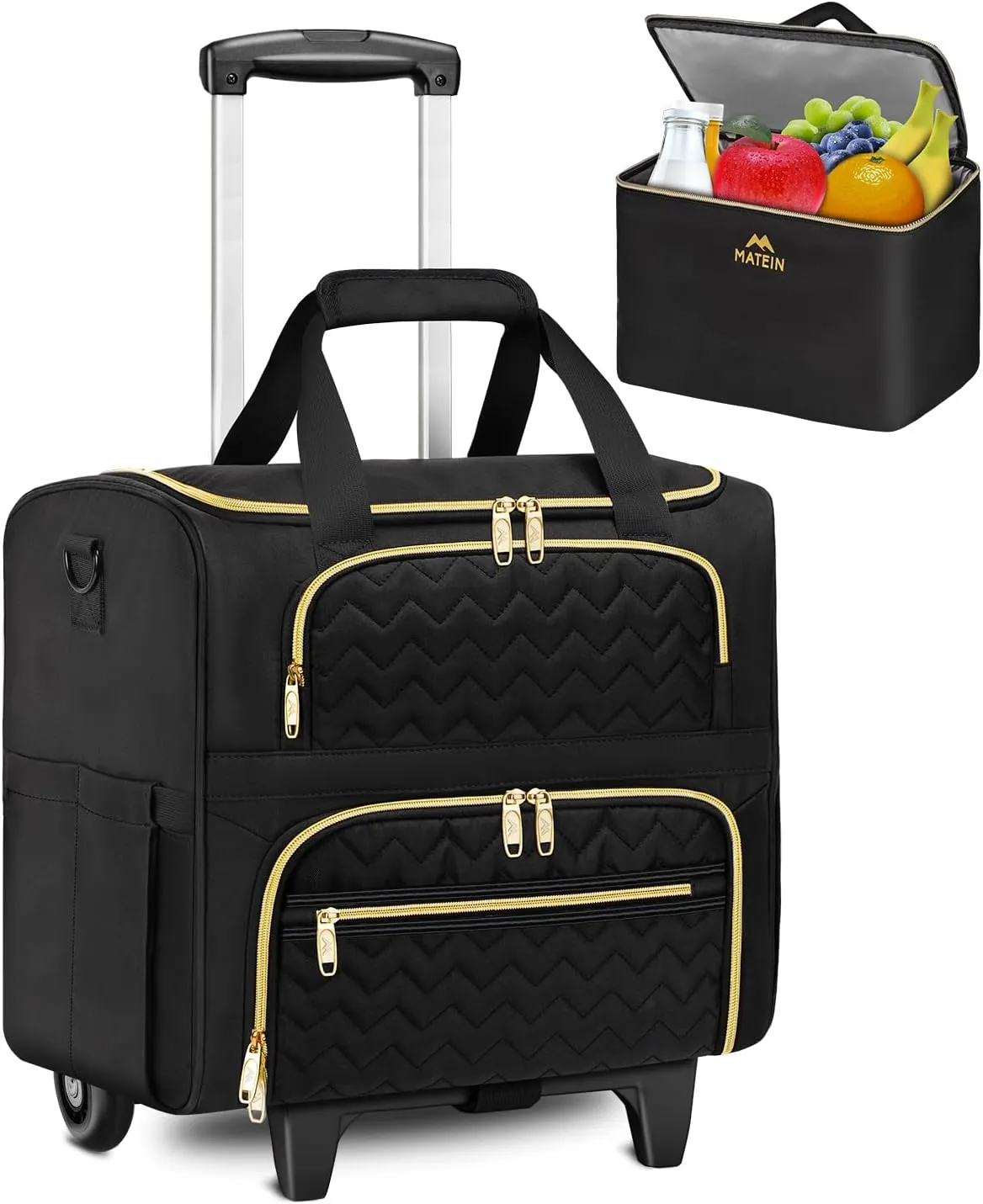 MATEIN Rolling Laptop Bag for Women, 15.6 Inch Rolling Briefcase with Wheels &Detachable Cart, Roller Computer Teacher Tote Bag with Insulated Lunch Box Gift for Nurse Work Business Office, Deep Black