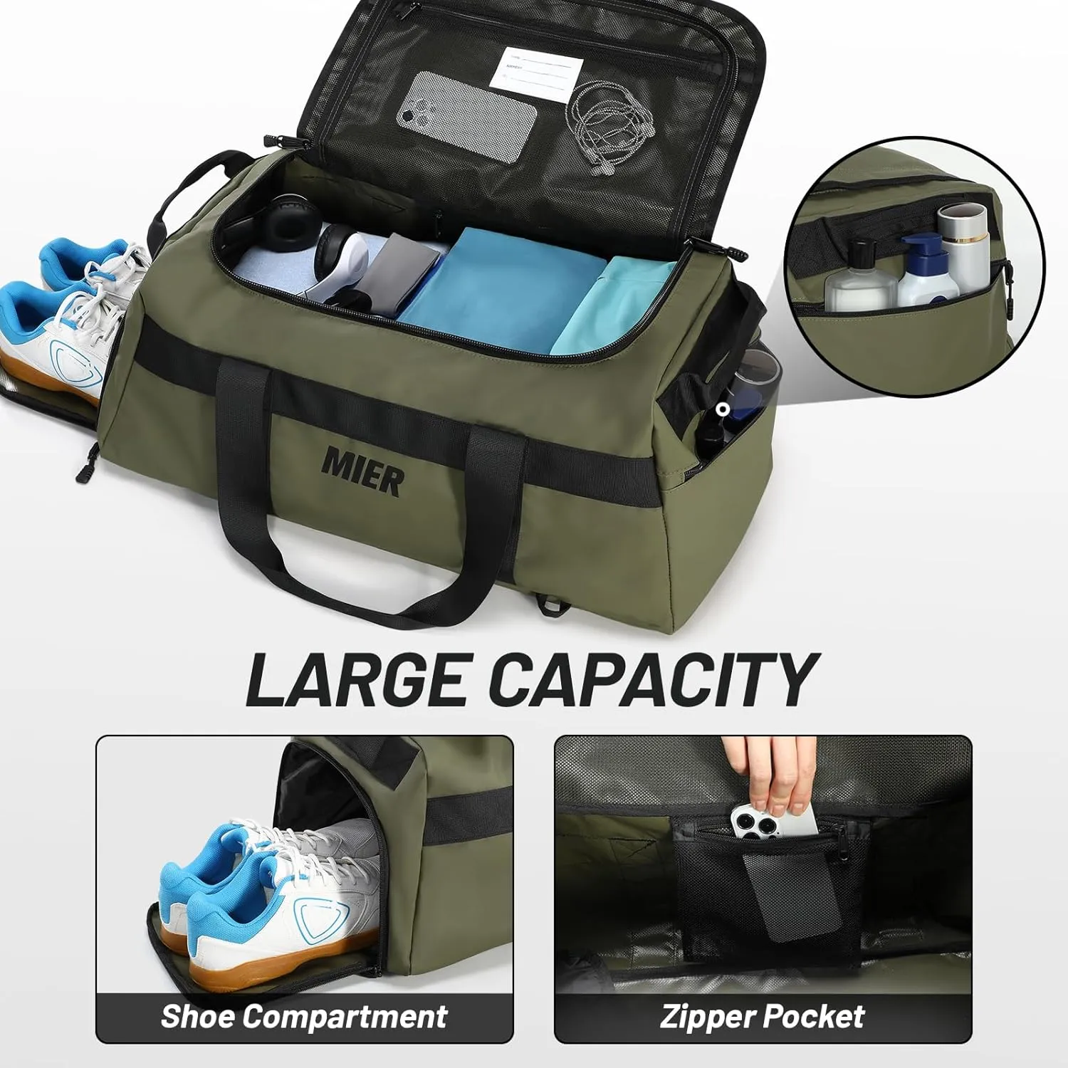MIER Gym Bag for Men Large Duffel Backpack with Shoe Compartment, 60L Convertible Duffle Bags Weekender Overnight Bag for Gym Sports Travel, Green